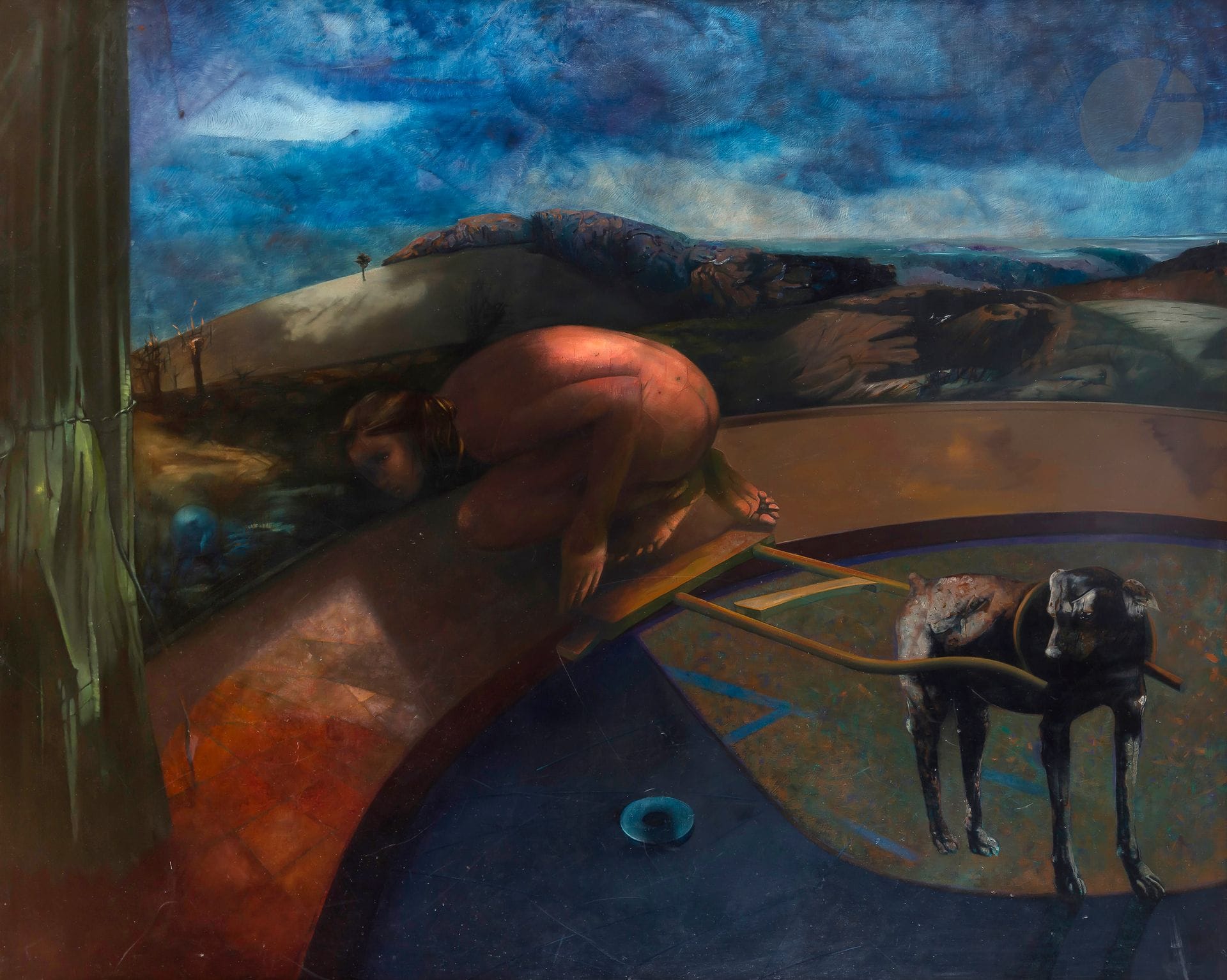 Gabriela MORAWETZ [polonaise] 
(née en 1952)
L’Attelage, Le Rêve d’un chien, 1985
Huile sur toile.
Signée et datée en bas à gauche.
Titrée au dos sur le châssis.
130 x 162 cm