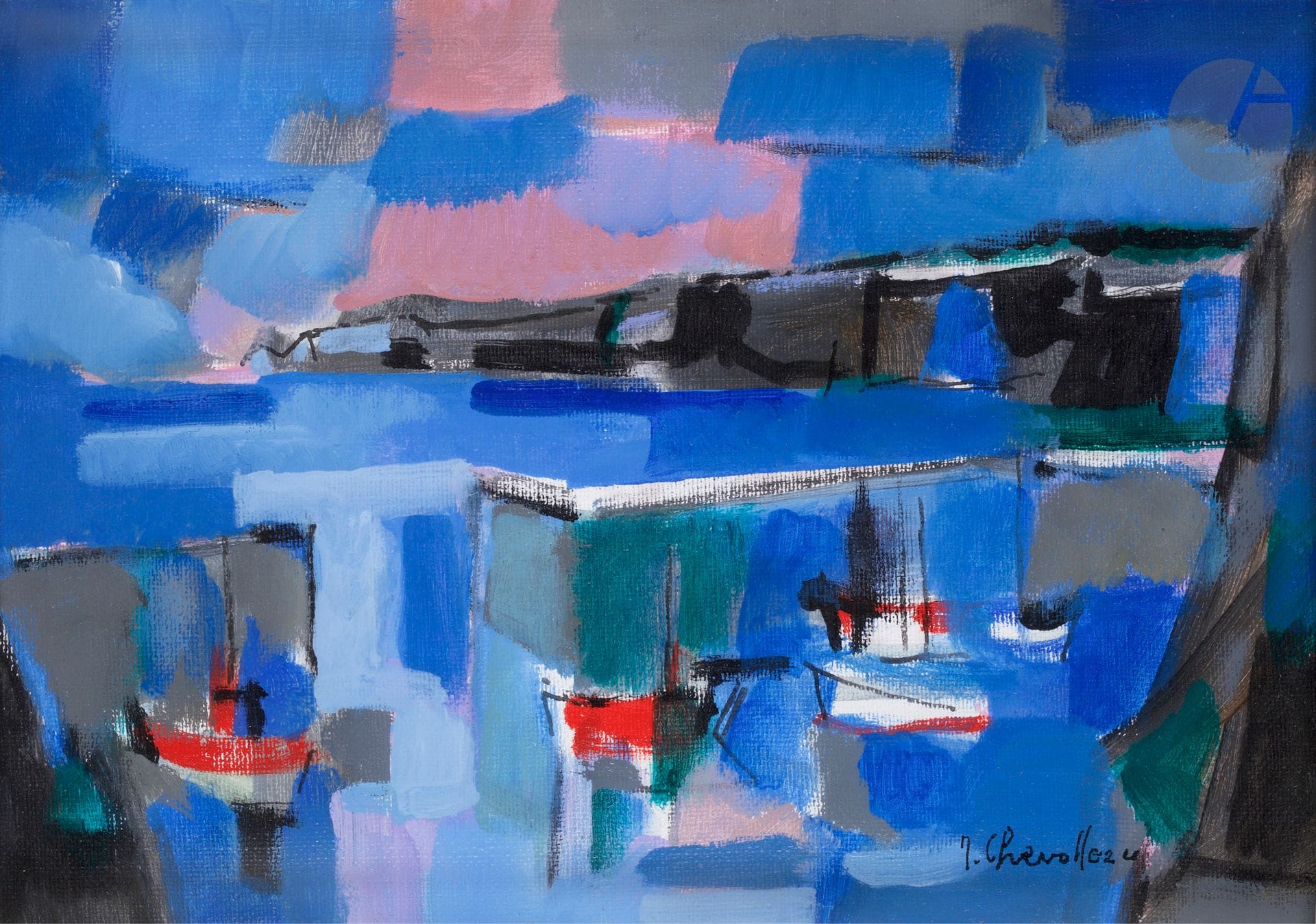 Jean CHEVOLLEAU (1924-1996)
Le Port des Vieilles
Huile sur toile non montée.
Signée en bas à droite.
Signée et située au dos.
19 x 27 cm