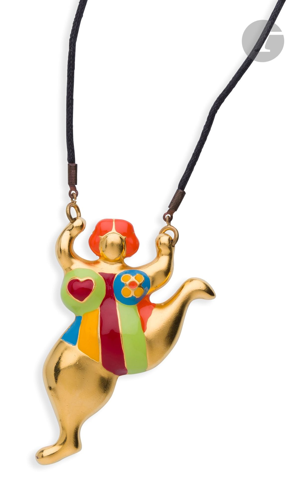 Niki de SAINT-PHALLE (1930-2002
)Nana,
2002Golden metal and enamel
pendant
.
Signed, dated and copyrighted on the back.
JNF Production.
Height: 8 cm




