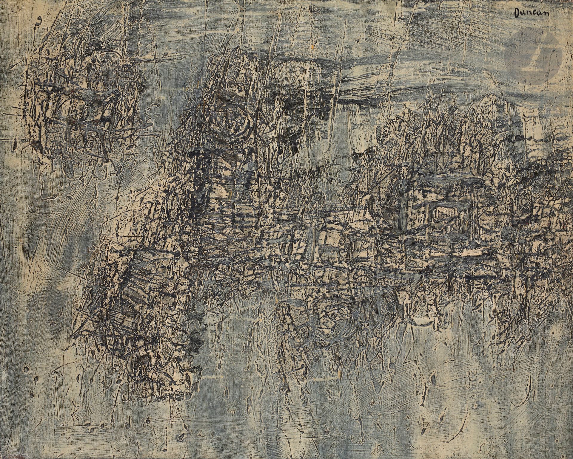Joseph DUNCAN [anglais] (né en 1920)
Délimitation, 1961
Huile sur toile.
Signée en haut à droite.
Signée, datée et titrée au dos sur le châssis.
65 x 81 cm