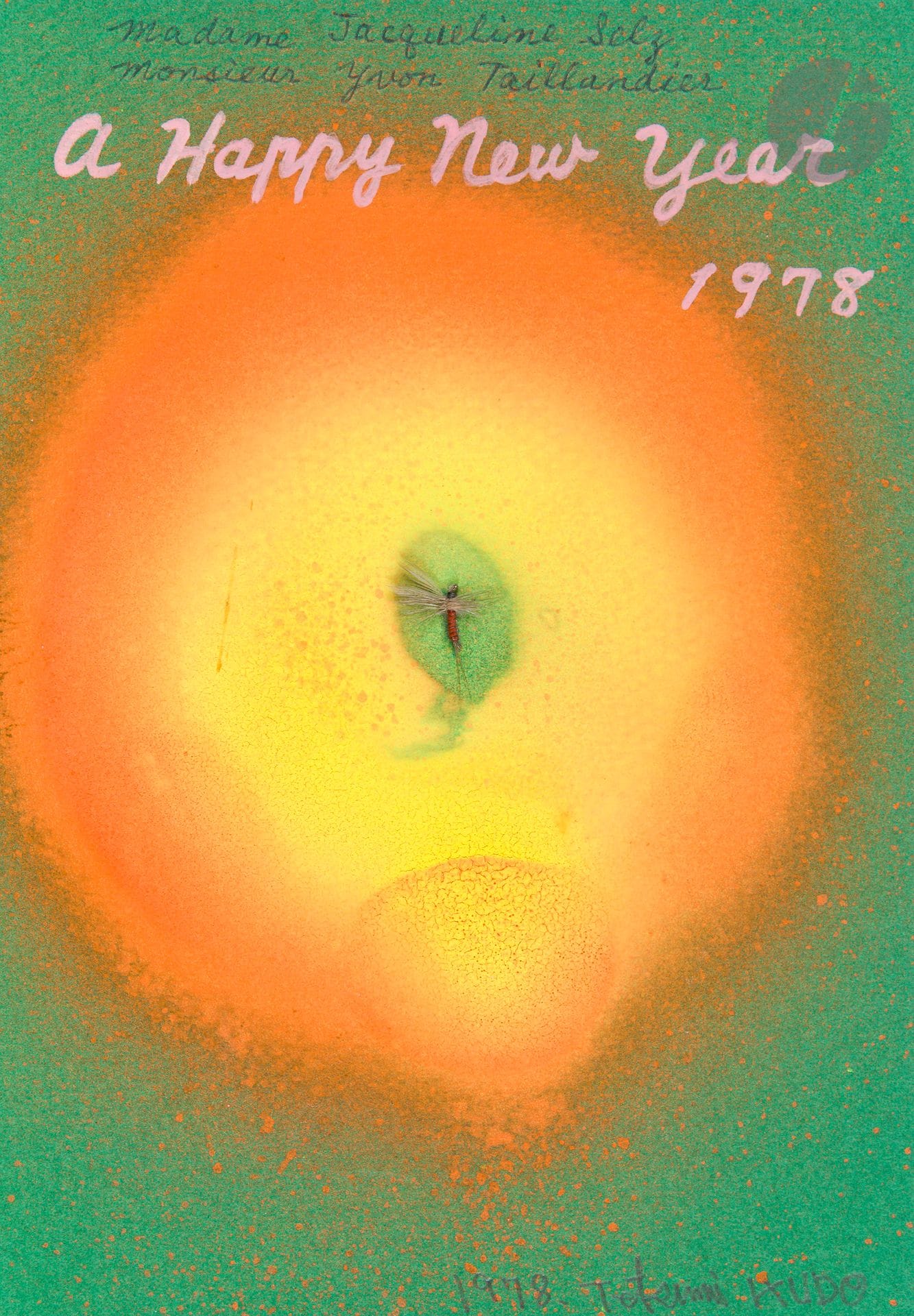 Tetsumi KUDO [Japanese] (1935-1990
)A Happy New Year,
1978Paint
projections
and collage of a butterfly on green paper.
Signed lower right.
Dedicated to "Madame Jacqueline Selz and Monsieur Yvon Taillandier" on the upper left.
15,5 x 11 cm




