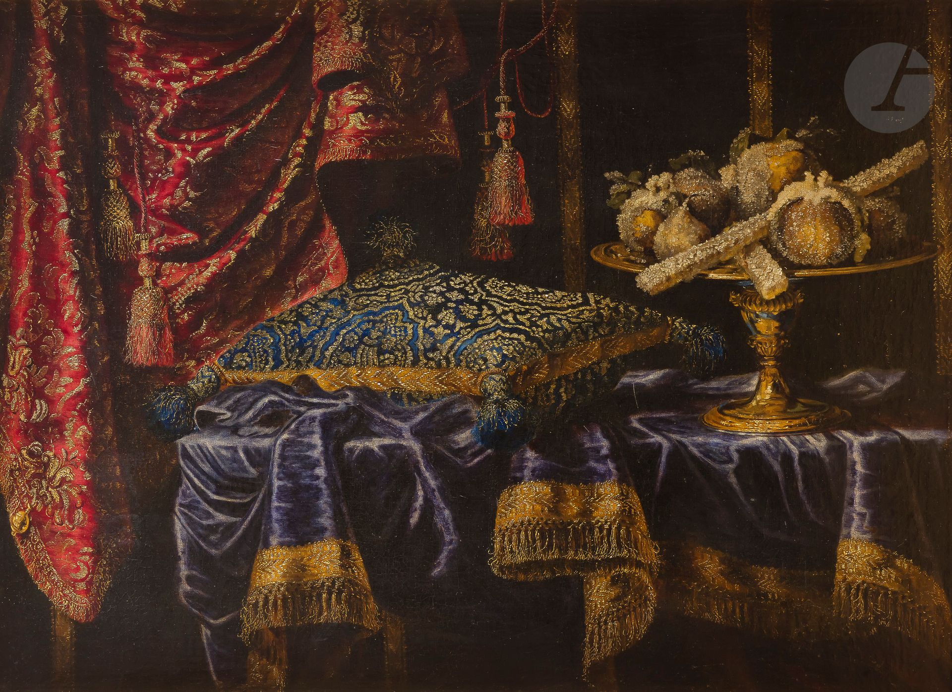 Francesco FIERAVINO (c.1611-1654)
Nature morte à la tazza et aux fruits confits
Toile
95 x 131 cm
Au dos une étiquette 406
(Restaurations anciennes)

La même composition, avec quelques variantes, est passée en vente à New York (Sotheby's, 17 janvier 1992, n°50).