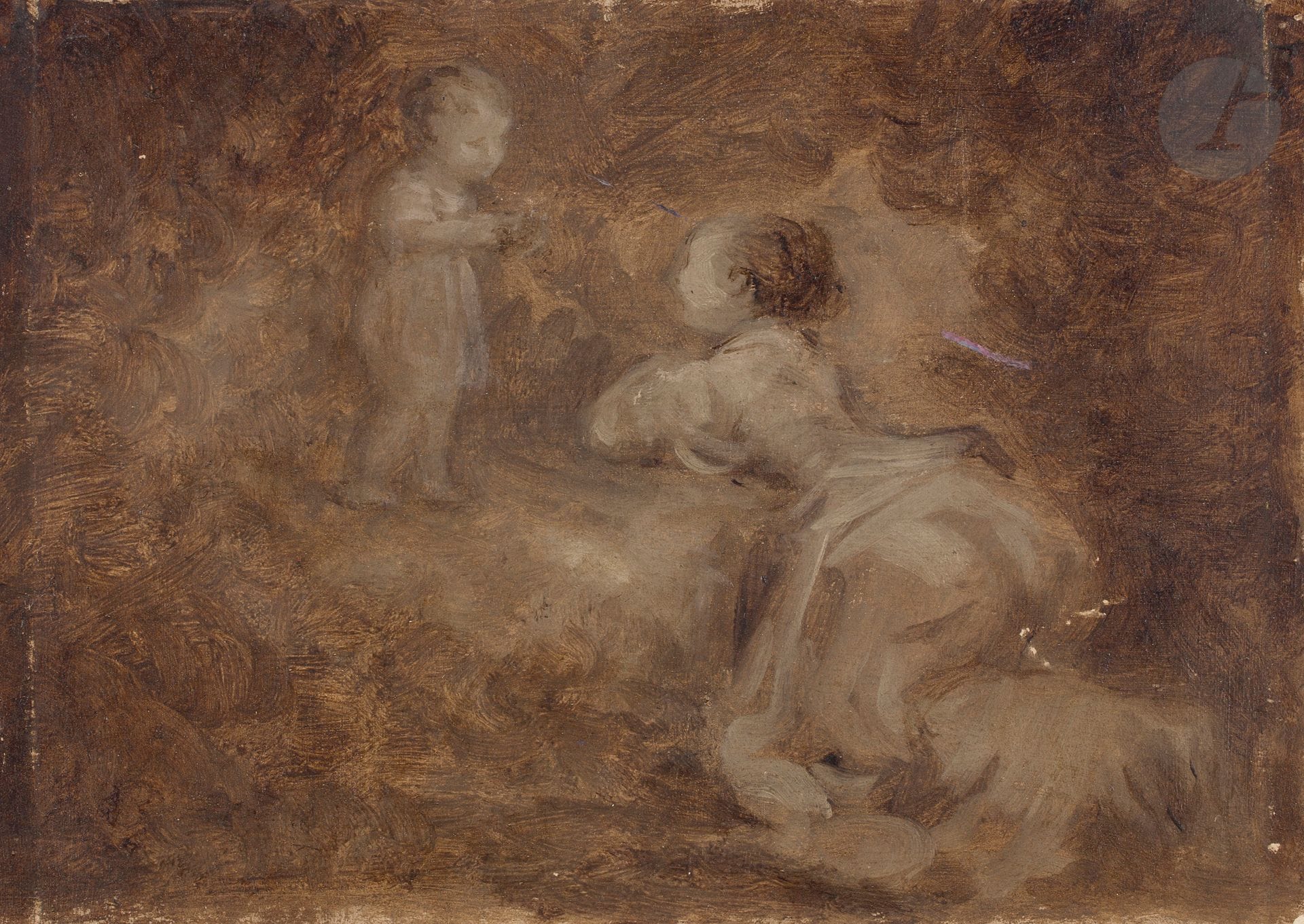 Dans le gout de Jean-Honoré FRAGONARD
Jeune femme et enfant
Papier collé sur carton
Manière de grisaille
17,4 x 24,7 cm