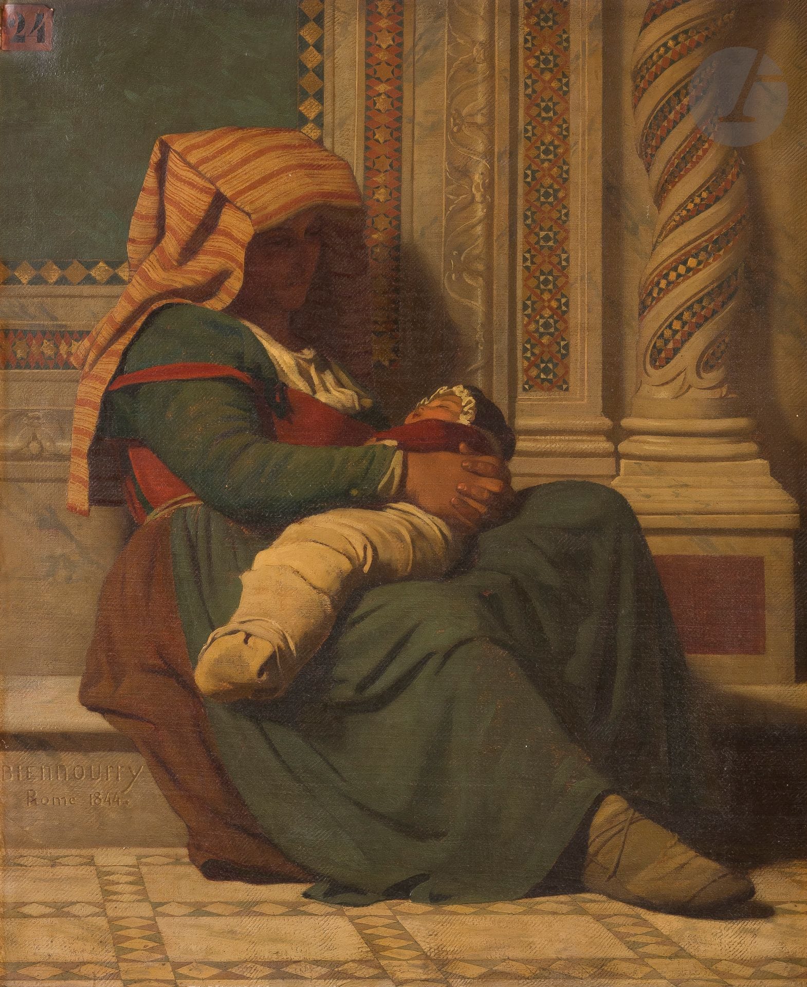 Victor BIENNOURRY (Bar-sur-Aube 1823 - Paris 1893)
Une jeune romaine et son enfant
Toile d'origine
Signée, localisée et datée en bas à gauche " BIENNOURRY / Rome 1844."
Porte une étiquette en haut à gauche : " n°24 "
73 x 60,5 cm