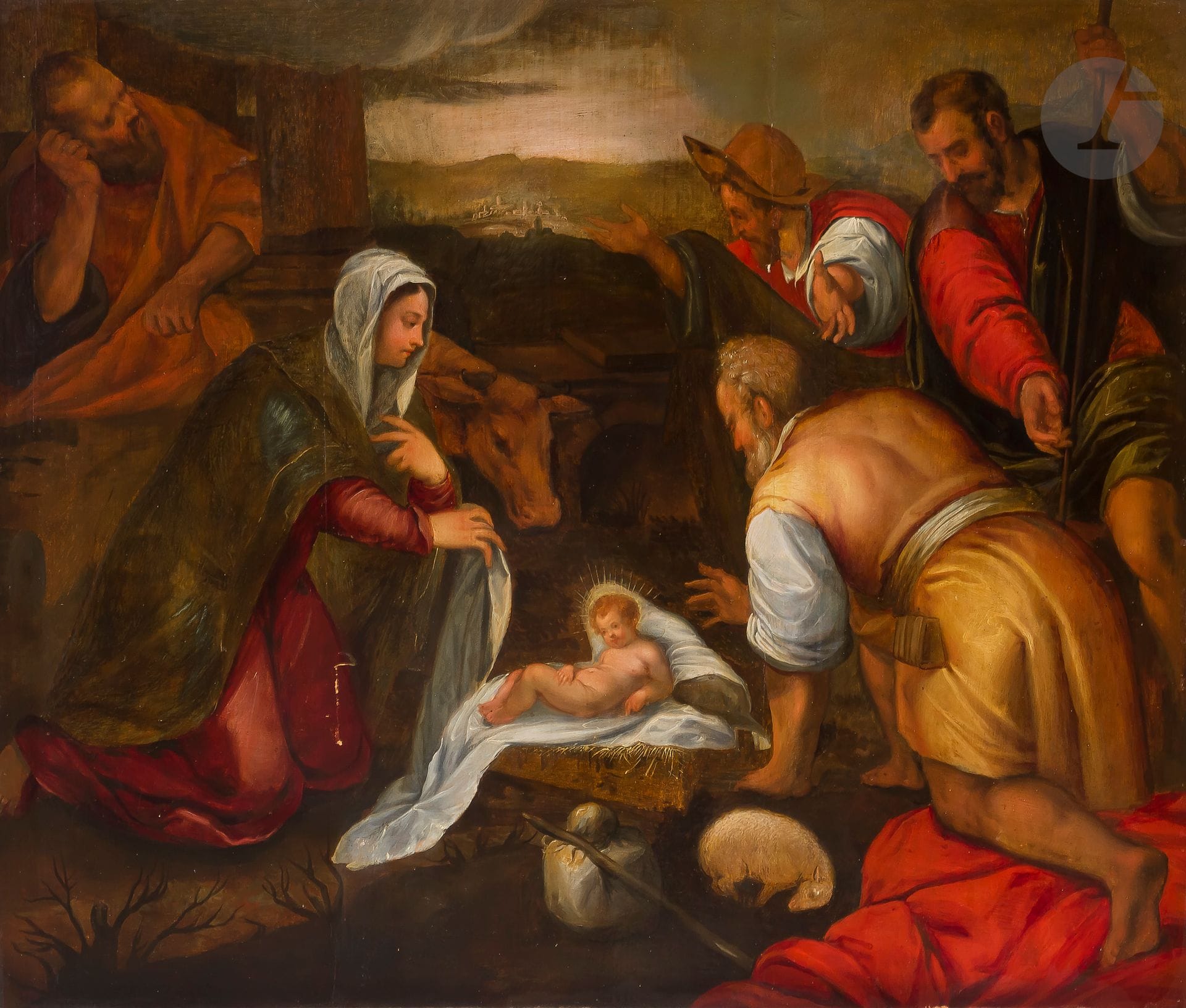 École FLAMANDE du XVIIe siècle, suiveur de Bassano
L'Adoration des bergers
Panneau de chêne, trois planches, renforcé
64 x 75 cm
(Restaurations anciennes)