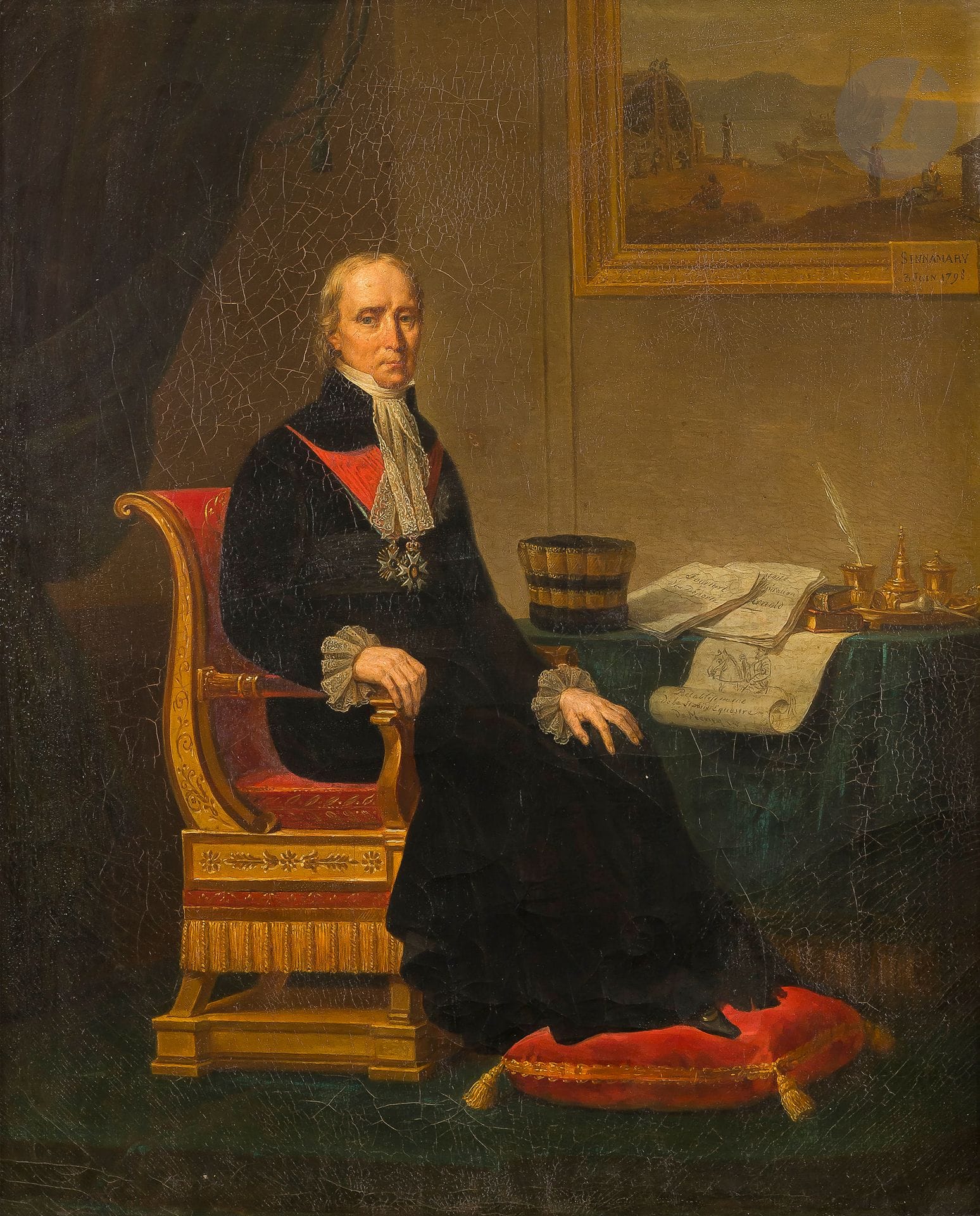 Attributed to Jean François BOISSELAT (Paris, 1812- died after 1851)
Portrait of Count François Barbé de Marbois (1745-1837)
Original canvas
64 x 62 cm

Son of a wholesale grocer who became director of the Mint in Metz, François Barbier de Marbois was born there on January 31, 1745. He was a diplomat posted to Regensburg, Dresden and Munich, then consul general in the United States in 1780. In 1784 he married Elizabeth Moore (1765-1834), daughter of a Pennsylvania banker governor, in Philadelphia. Appointed Intendant in Saint-Domingue in 1785, he remained there until the revolutionary events led him to return to France. His patrons, the Marquis de la Luzerne and the Marshal de Castries having emigrated, he was then forced to place himself at the service of the revolutionary government which sent him to Vienna in 1792. At the time of the Terror, he chose to resign and retired to Metz where he was mayor for a few months in 1795. He was a deputy and then President of the Council of Elders, but his reactionary attitude led him to be deported to Sinnamary in Guyana after the coup d'état of September 4, 1797. Reinstated in 1800, he joined the Council of State. Recognized for his integrity, he was appointed director and then minister of the Treasury.
In this position, in 1803, he successfully negotiated the cession of Louisiana to the United States, but the following years and the expenses related to the Napoleonic conflicts put him in difficulty and he was disgraced on January 27, 1806. This disavowal did not last, Napoleon recalled him in September 1807 to preside over the Court of Auditors. Although appointed to the Senate and made a count of the Empire in 1813, he was one of the four authors of the act pronouncing the Emperor's disqualification.
In June 1814, he was made a Peer of France by Louis XVIII and confirmed in his functions as President of the Court of Auditors until 1834. He was 89 years old when he retired, three years before his death. François Boisselat, a pupil of Hersent, exhibited at the Salon of 1836 a life-size Portrait of François Marquis de Barbé-Marbois, preserved in the Museum of Versailles (canvas, 215 x 141 cm, S.D. 1835). A work to the glory of the man who watched over the finances of France for so many years, its composition is close to the effigy that we are presenting. The episode of the prison of Sinnimary, a place that was the subject of a work by Barbier-Marbois, is obscured and replaced by a European landscape.