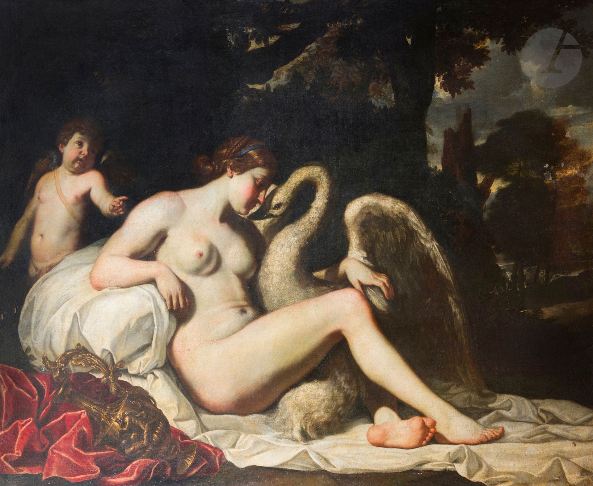 Attributed to Orazio RIMINALDI (1593 - 1630)
Leda and the Swan
Canvas
169 x 216,5 cm
Bears labels on the reverse of the frame: a label of salon Cita di Firenze Mostra Nazionale antiquari, perhaps the fair of 1953)
OLD RESTORATIONS