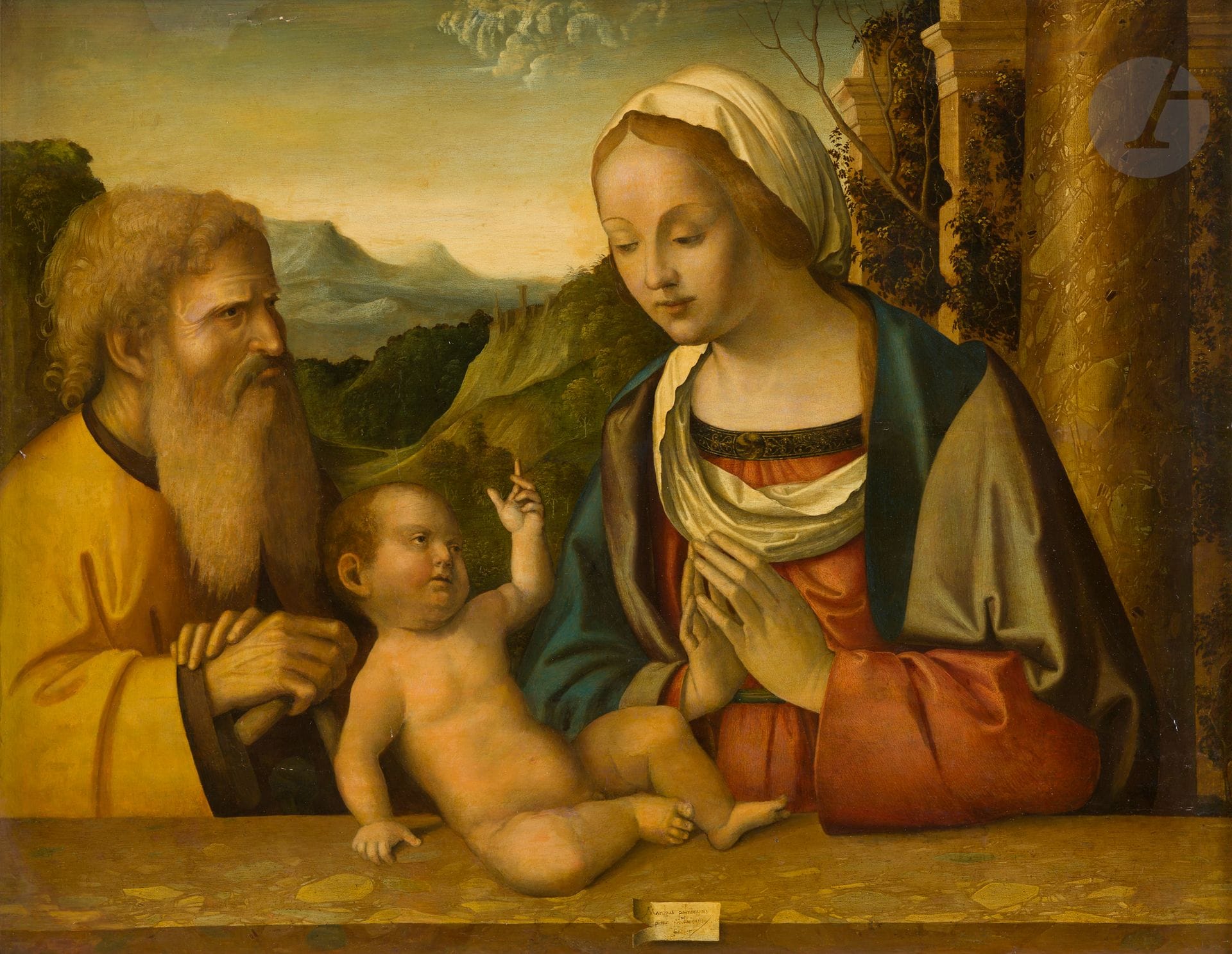 Marco PALMEZZANO (Forlì, 1460 - 1539)
The Holy Family
Panel doubled and mounted on frame
Signed at the bottom center: "Marchus Palmezanus / Pictor foroliuiensis / faciebat
59 x 75 cm
(Old restorations)

Provenance:
- Collection of Count Lochis of Bergamo, sale in Paris on April 3, 1868, no. 6.
- Sale in Paris, Hôtel Drouot, Mes Bellier et Boisgirard, June 28, 1934, n° 18.

In 1835, Count Guglielmo Lochis (1789 - 1859) was appointed head of acquisitions for the Bergamo city museum, the Academia Carrara. He personally assembled a collection of about five hundred works in his Villa delle Crocetta in Mozzo, which he bequeathed to the city of Bergamo. This bequest constitutes the main collection of 15th and 16th century paintings in the Bergamo Museum and includes famous masterpieces by Crivelli, Bellini, Raphael (St. Sebastian), Lotto, Moroni, as well as 17th century paintings and 18th century "vedute" (Guardi).
Following negotiations with his heir, Carlo, the Academia Carrara obtained two thirds of the ensemble and the rest were left to the family who sold them.
After completing his initial training with his compatriot Melozzo da Forli, Marco Palmezzano moved to Rome in the early 1490's. After a short stay in Venice where he assimilated the work of Giovanni Bellini, he returned to his native city. He spent the rest of his long career there, receiving numerous commissions in the region. 
Our composition can be compared to other conversations of the artist where the pose of the three figures is the same (Forli, Collezione Fondazione Casa de Risparmo; Budapest, Szépmüvészeti Múzeum, dated in the 1520s).

A remake of our painting is reported in an unknown location, referenced in the fototeca Zeri under n°57931.