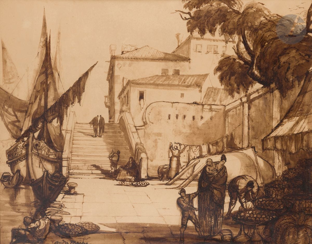 André MAIRE (1898-1984)
Venise, un marché sur le quai
Encre et lavis d’encre
Signée en bas à gauche
55 x 72 cm