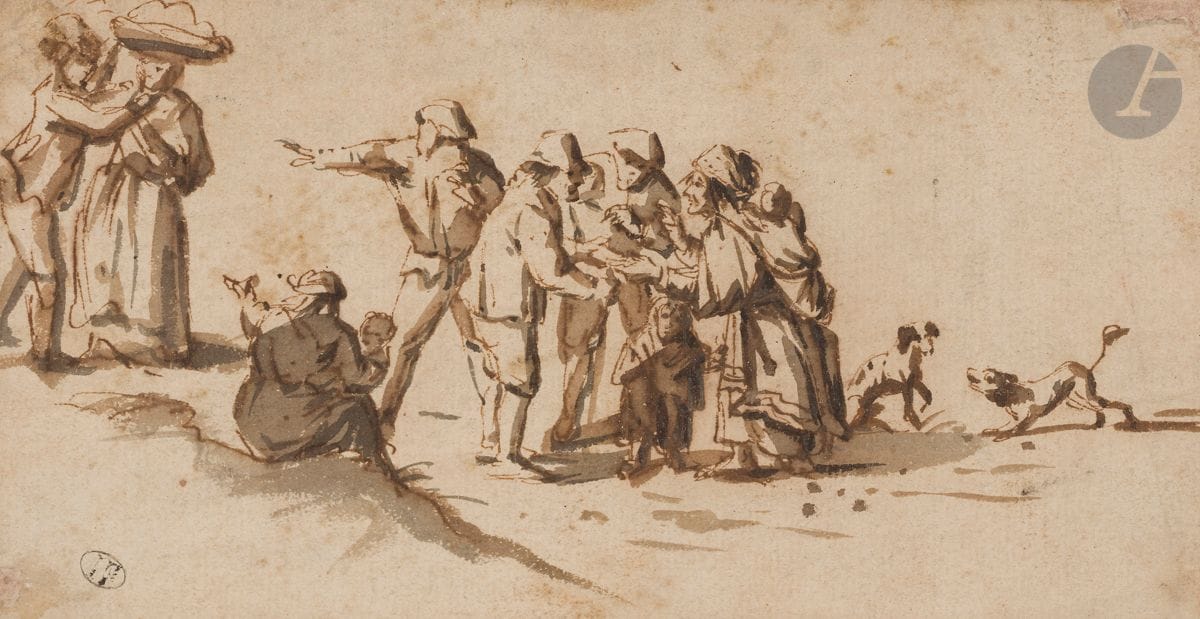 École FLAMANDE du XVIIe siècle
Scène de rue animée
Plume et encre brune, lavis gris.
Porte un cachet en bas à droite.
9,5 x 18 cm