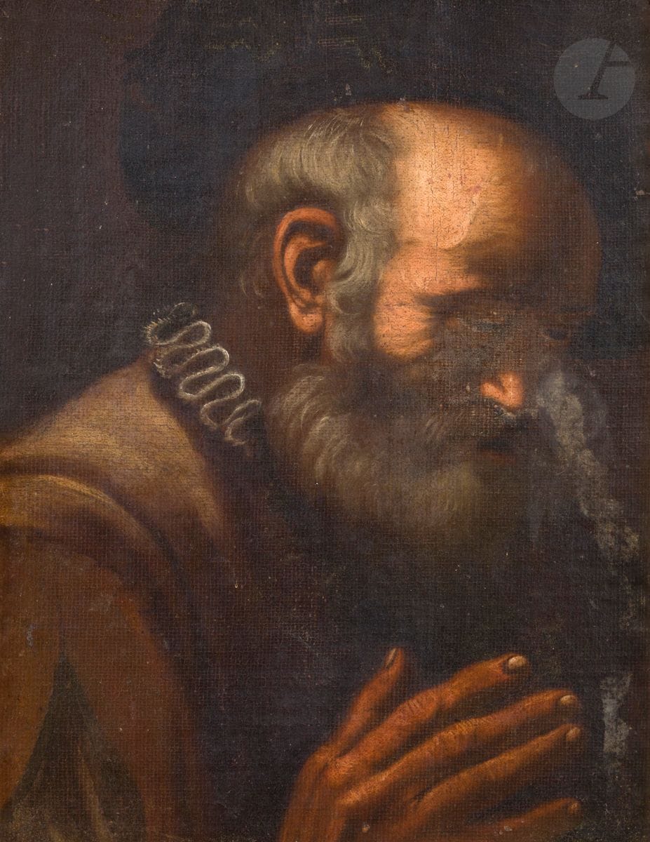 École NAPOLITAINE du XVIIe siècle
Profil d’homme au chapeau
Toile marouflée sur panneau, un fragment
44 x 34 cm