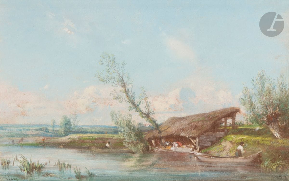 Camille FLERS (1802-1868)
Bord du Loiret, le lavoir, 1853
Pastel
Signé en bas à gauche et daté en bas à droite
19 x 30 cm