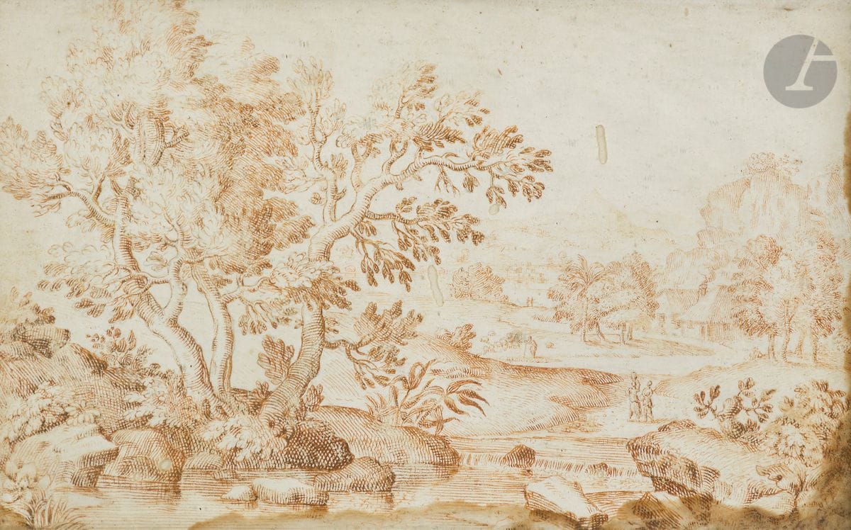 17th century ITALIAN school
Italian landscape 
Brown ink on parchment.
10 x 17 cm