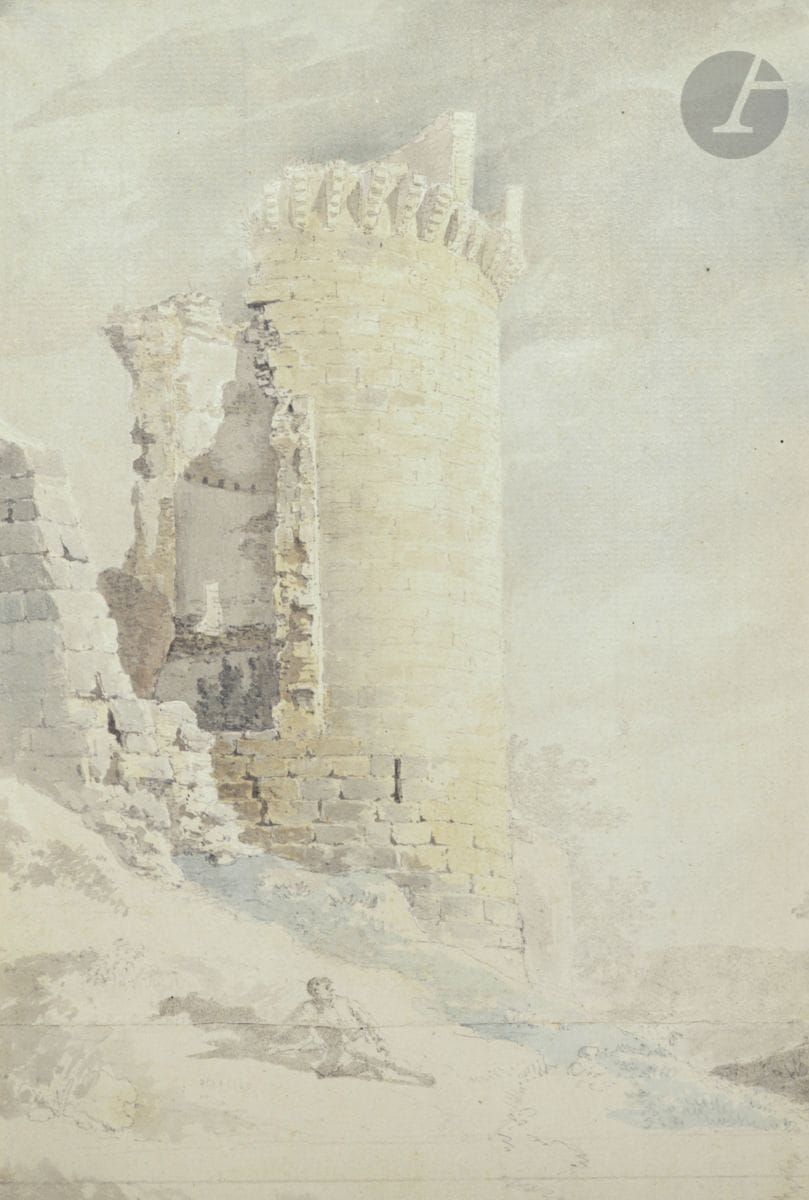Jean-Lubin VAUZELLE 
(Angerville 1776 - 1839)
Donjon du Chateau d’Arques
Aquarelle et crayon noir
Annotée au verso : « Donjon du Chateau d’Arques ».
27 x 18 cm