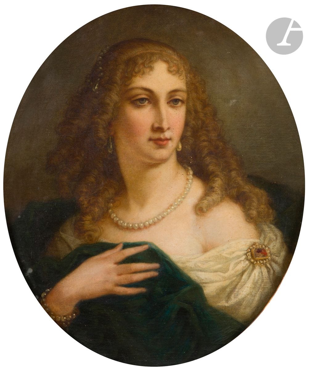 École FRANÇAISE du XIXe siècle
Portrait de femme au collier de perles
Toile ovale
65 x 54 cm