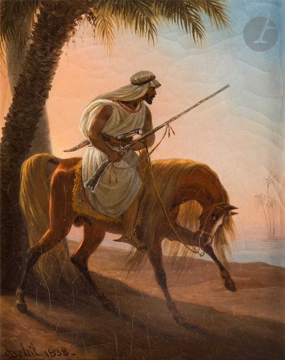Jean Julien DELTIL (1791-1863)
Cavalier arabe
Toile d’origine
Signée et datée 1838 en bas à gauche
27 x 21,5 cm