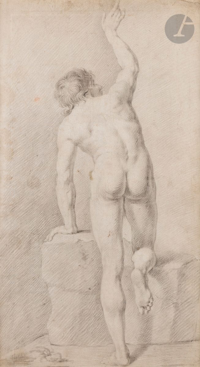 École FRANÇAISE du XVIIIe siècle
Académie d’homme de dos
Pierre noire.
52,5 x 29 cm
(Pliures, taches).