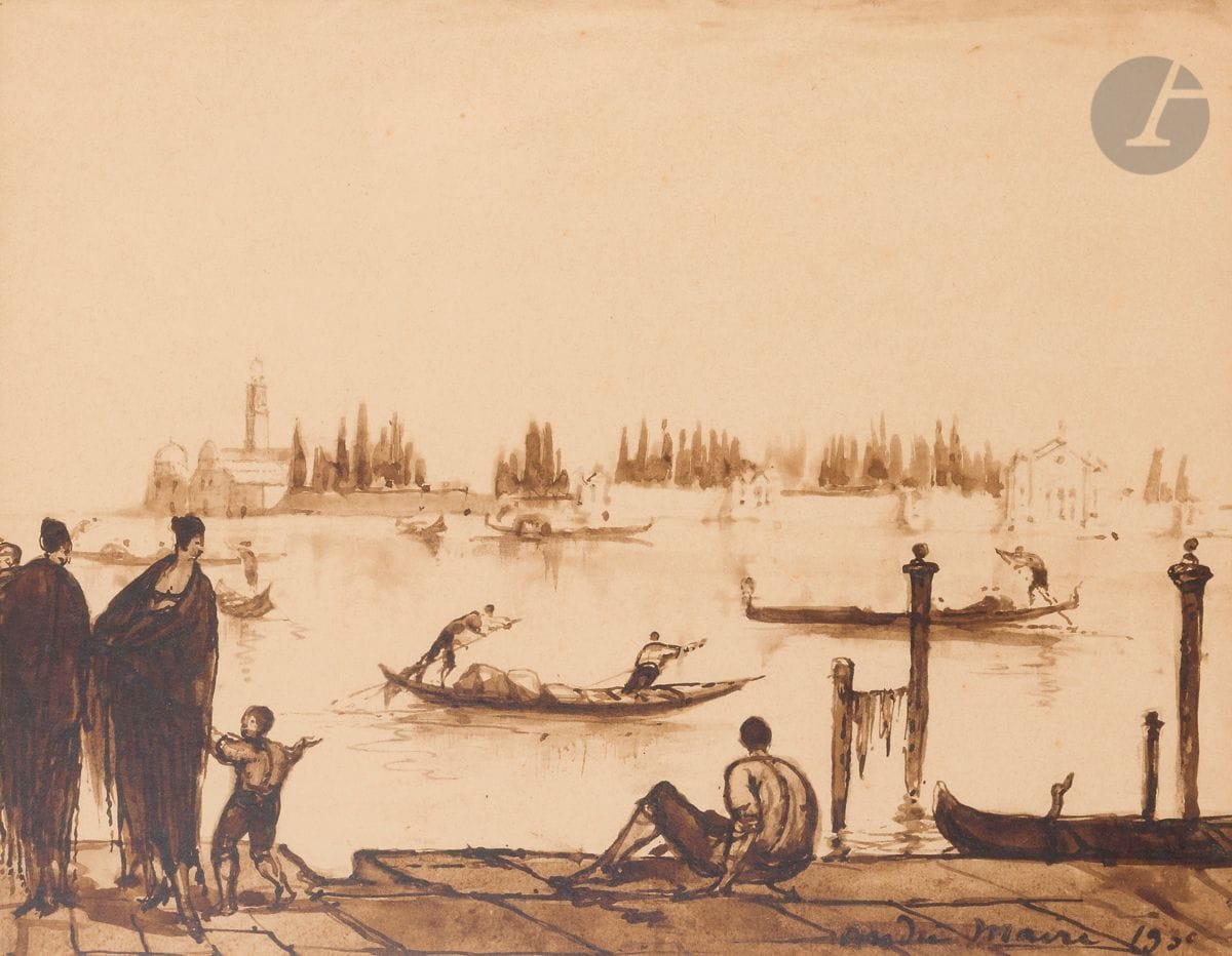 André MAIRE (1898-1984)
Venise, les gondoliers, 1930
Encre et lavis d’encre
Signée et datée en bas à droite
28 x 35,5 cm