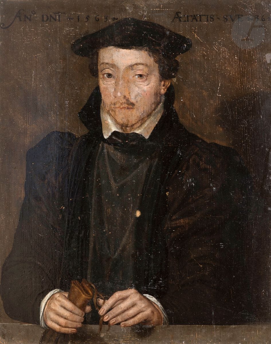 École FRANÇAISE, 1563
Portrait d’homme de 36 ans aux gants
Panneau de chêne, une planche, non parqueté
Daté en haut « AN DNI . 1563 . AETATIS . SVE . 36. »
Porte une étiquette d’inventaire des années 1990 « 287 »
34,5 x 26 cm
(Restaurations anciennes, manques et accidents)