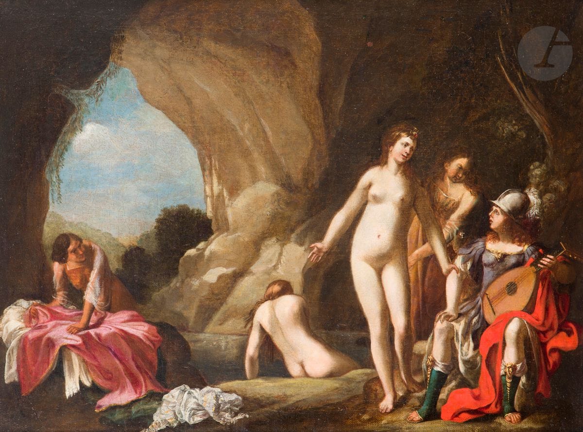 École HOLLANDAISE du XVIIe siècle
Le poète et les nymphes dans une grotte
Toile
Inscriptions au revers « Adriaen van de Werff »
40 x 54 cm