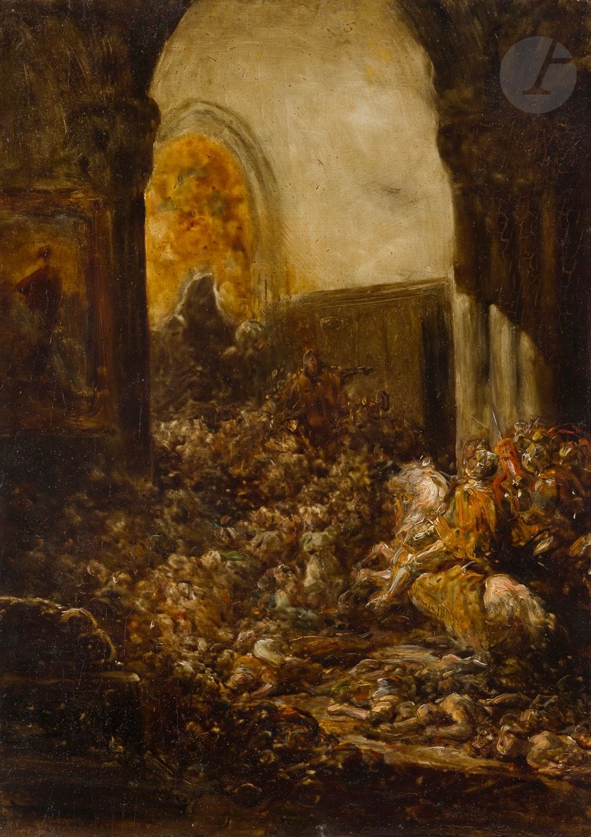 Joseph HORNUNG (Genève 1792 - 1870)
Episode des guerres de religion
Panneau de chêne, une planche, préparé
Signé en bas à gauche « J.Hornung »
Dédicacé, signé et daté au revers « ..quille / a son ami Marc Dubrit / J. Hornung 1865 »
43 x 30,5 cm