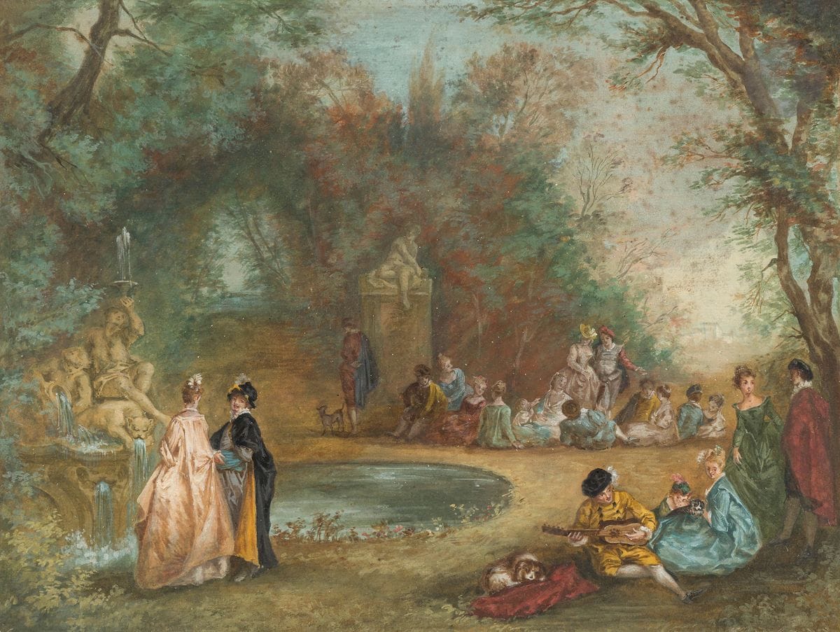 École FRANÇAISE du XIXe siècle, d’après Watteau
Fête galante
Gouache.
30 x 39,5 cm