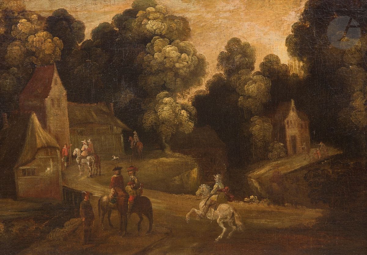 École FLAMANDE du XVIIe siècle, entourage de Pieter MEULENER (1602-1654)
Cavaliers à l’entrée d’un village
Toile
58,5 x 83,5 cm
(Restaurations)