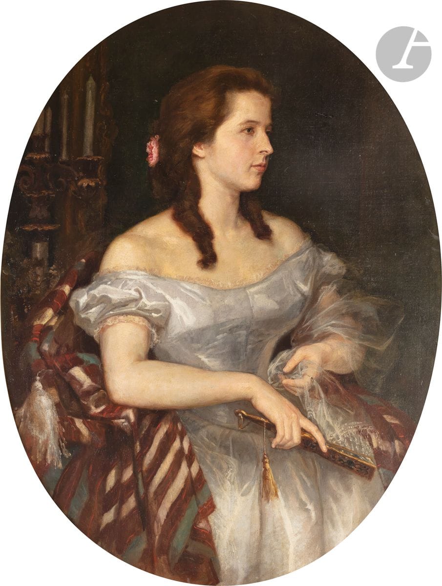 École FRANÇAISE du XIXe siècle
Portrait de femme de profil portant un éventail
Toile rectangulaire à vue ovale
116 x 89 cm