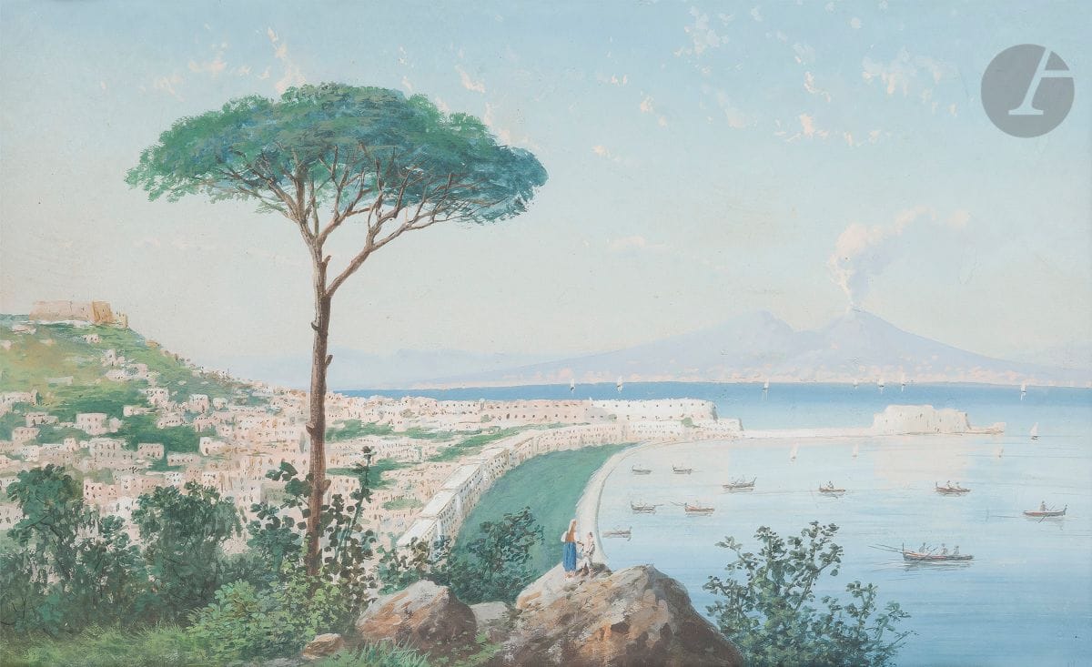École NAPOLITAINE
Vue de la baie de Naples
Gouache.
A vue 24,5 x 40 cm