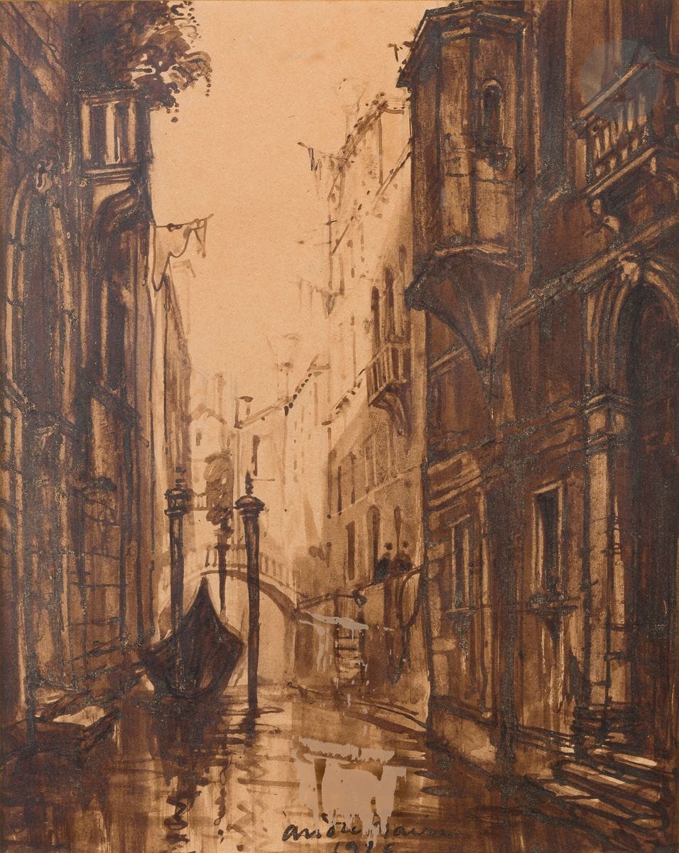André MAIRE (1898-1984)
Venise, gondole sur un canal
Encre et lavis d’encre
Signée en bas au centre
36 x 28 cm