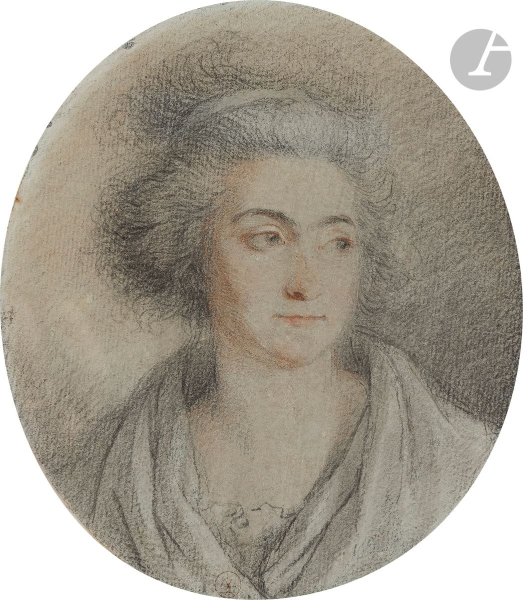 École FRANÇAISE du XVIIIe siècle
Portrait de femme
3 crayons sur papier anciennement bleu. 
16,2 x 14,2 (format ovale)
(Légèrement insolé, collé en plein).

Provenance : 
Collection anonyme (Lugt 3038).
