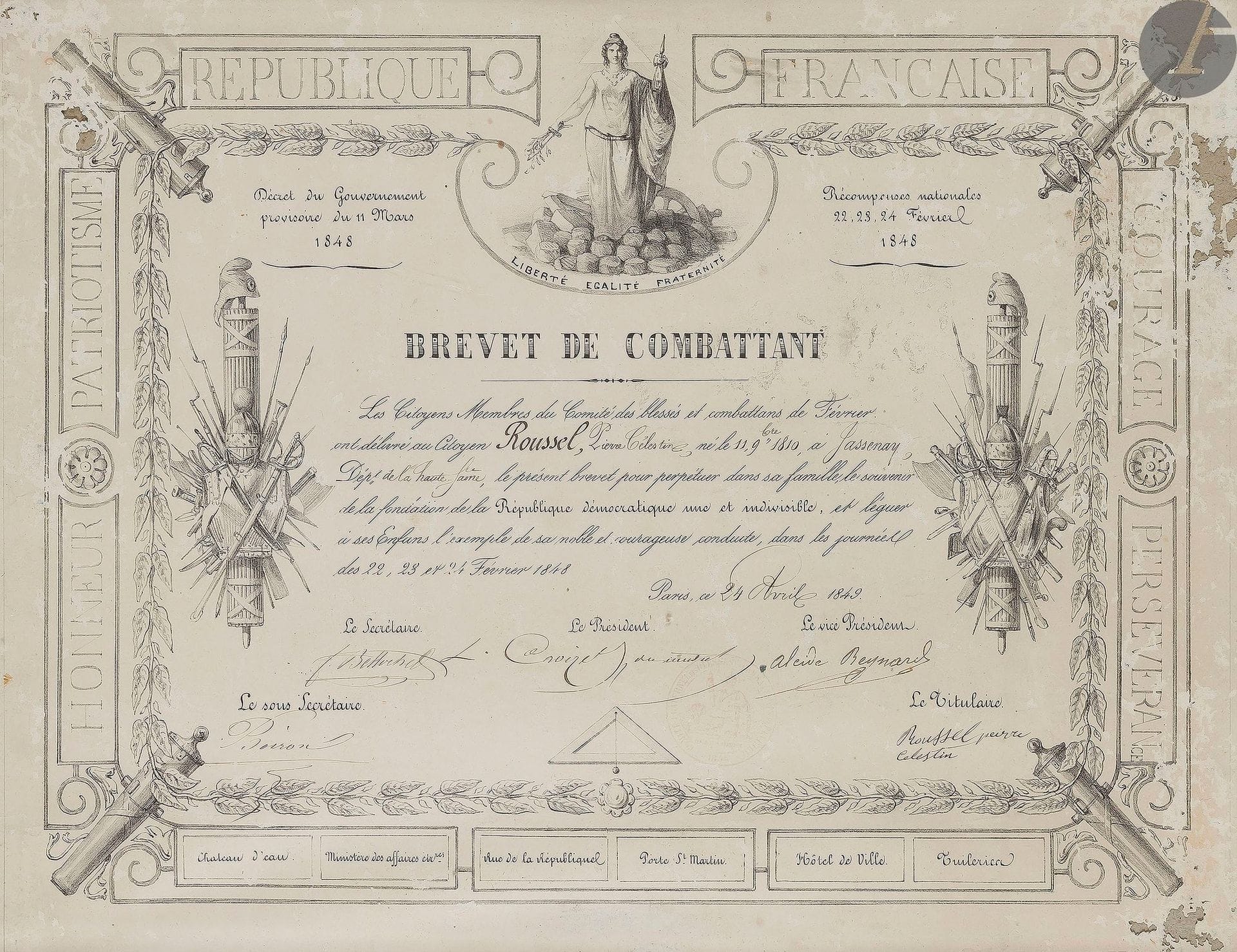 Brevet de combattant des journées du 22, 23 et 24 février 1848, au nom de Pierre Célestin ROUSSEL. 
Signé par Croizet et Reynard. Fait le 24 avril 1849.
Encadré sous verre. 32 x 40 cm
État moyen (usures).