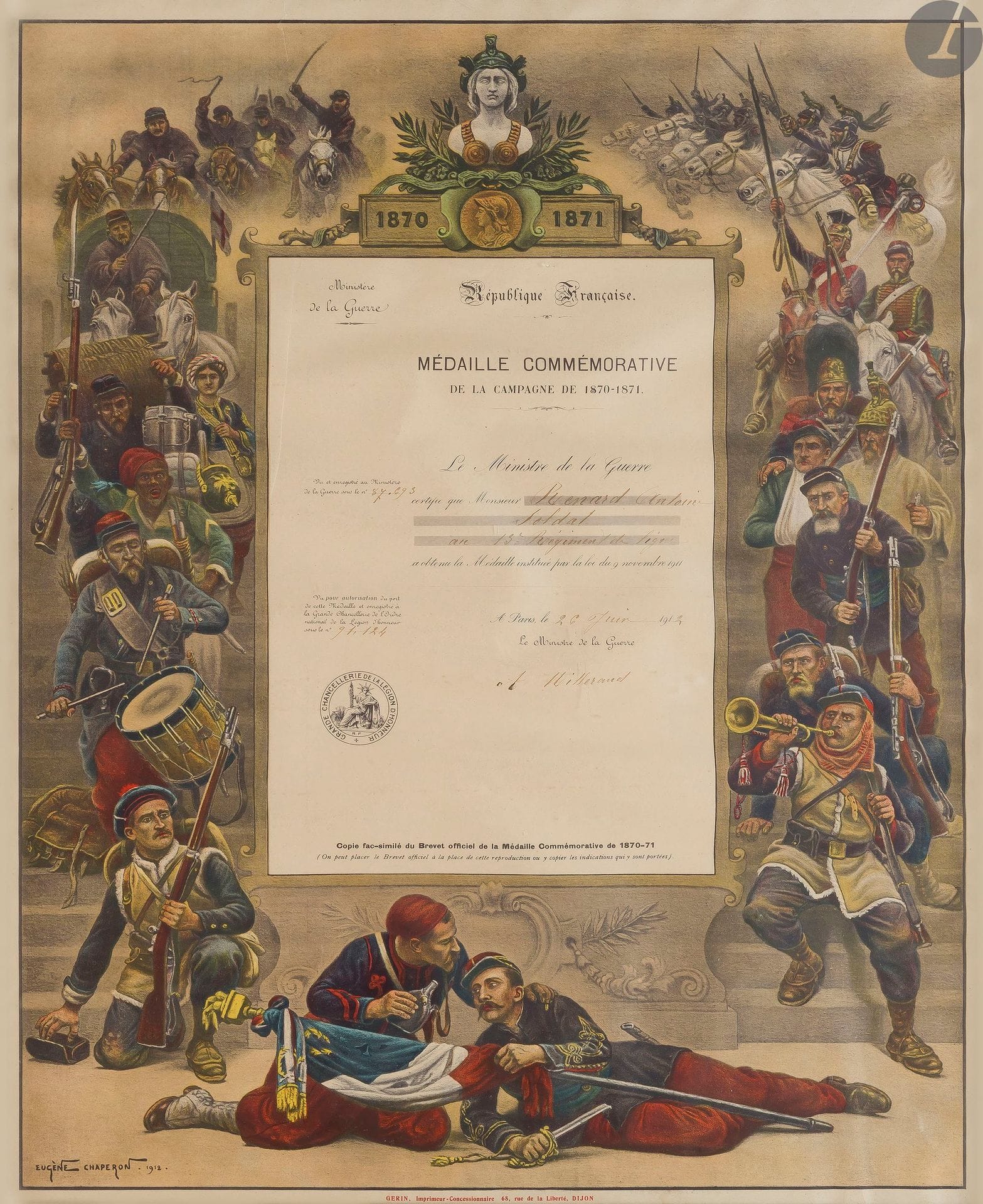 FRANCE – GUERRE DE 1870
Quatre encadrés : 
- médaille commémorative de 1870. En bronze. Avec brevet du ministère de la guerre au nom d’Henry DEVILLECHAISE du 69e de ligne. Sd. Encadré sous verre. 
- grande gravure commémorative dédiée à Mr Germain TINEL, ancien combattant de 1870-71 par le livre d’or du dévouement patriotique en souvenir de la médaille de la guerre de 1870-71. Présentée avec médaille commémorative et un insigne de la société nationale de retraites des vétérans « Oublier Jamais » en bronze. Rubans. 
- CHAPERON, d’après. Fac-similé du brevet avec encadrement commémoratif des combats de 1870-71. Le brevet a été rempli au nom d’Antoine renard du 13e régiment d’infanterie légère (1912). 
- grand brevet imprimé en couleurs, offert par le Petit journal, pour la médaille commémorative de 1870-1871. Marqué à la plume « Offerte par la société des vétérans aux débitants de la commune de Neublans Avec médaille commémorative. Cadre laqué et doré. 
