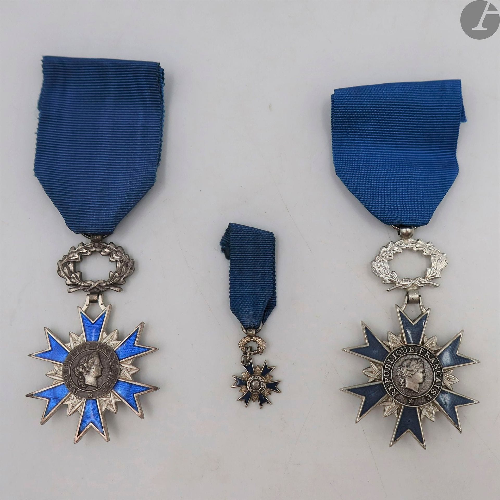 FRANCE 
ORDRE NATIONAL DU MÉRITE, créé en 1963. 
Deux étoiles et une miniature de chevalier. 
- une en métal argenté, à émaux bleus pâles. Ruban. 
- une en argent et émail (éclats de surface). Poinçon de la Monnaie. Ruban.
Poids brut : 22,8 g
- miniature uniface en argent et émaux bleu sombre. Poinçon d’orfèvre LM.
Poids brut : 2,5 g
T.B. à T.T.B.