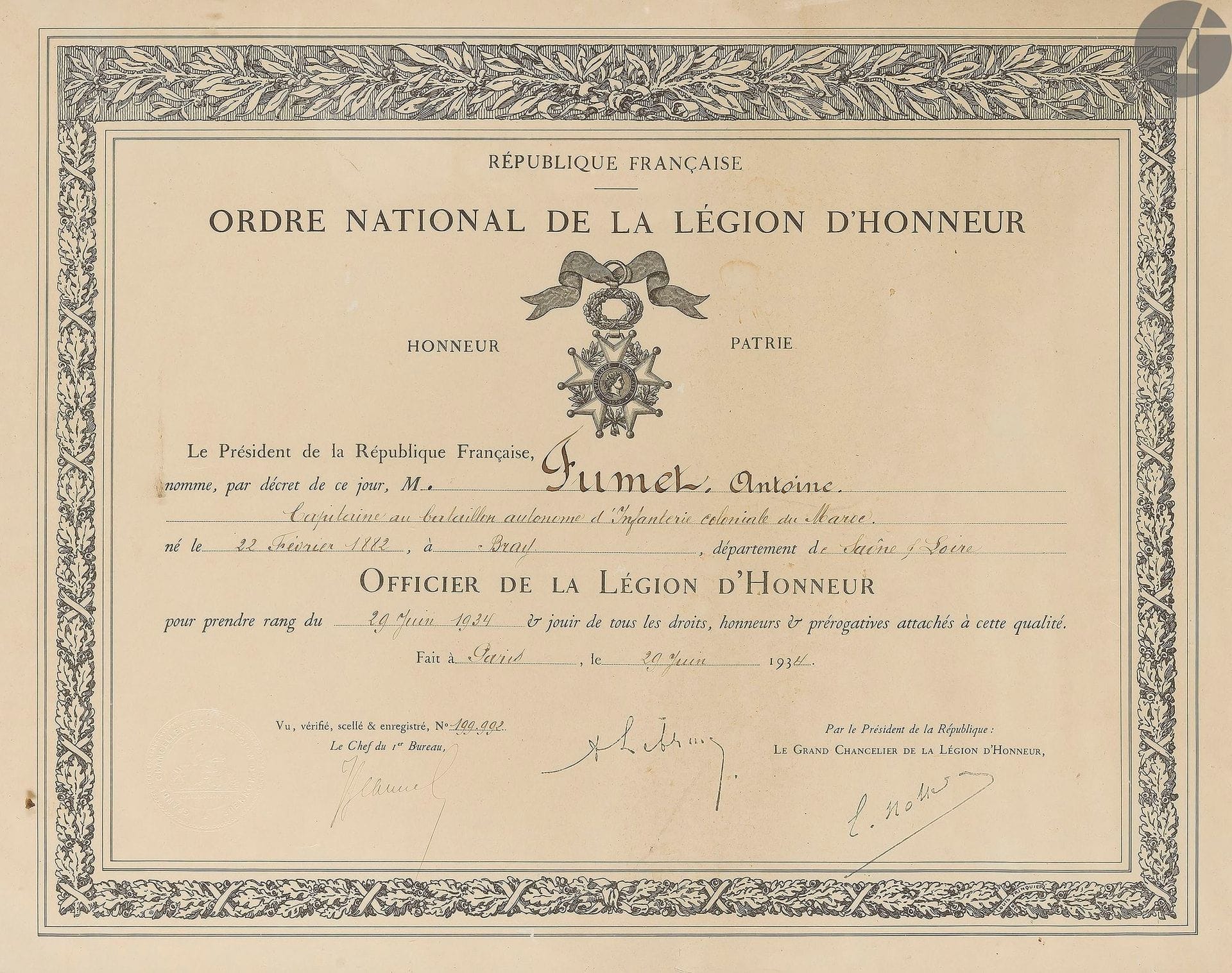 FRANCE 
ORDRE DE LA LÉGION D’HONNEUR, institué en 1802. 
Trois brevets de la Légion d’honneur du Second Empire et de la IIIe République :
- de chevalier d’époque Second Empire. Sur vélin. Au nom de Frédéric de SUREMAIN, lieutenant de vaisseau. Fait le 13 mai 1854. Encadré sous verre. 
- d’officier d’époque IIIe République. Au nom du capitaine Antoine FUMET du bataillon autonome d’infanterie coloniale du Maroc. Fait le 20 juin 1934. Encadré sous verre. 
- de chevalier d’époque IIIe République. Au nom de Charles REBOUZ officier d’administration comptable de 1re classe du 3e régiment d’aviation. Fait le 12 juillet 1923. Encadré sous verre. 
A.B.E.

 Frédéric Alexandre Etienne de SUREMAIN (1821-1883). Lieutenant de vaisseau. Il sert sur la Belle Poule lors de l’expédition du Retour des Cendres. Royaliste convaincu, il meurt à Rully (Saône et Loire).