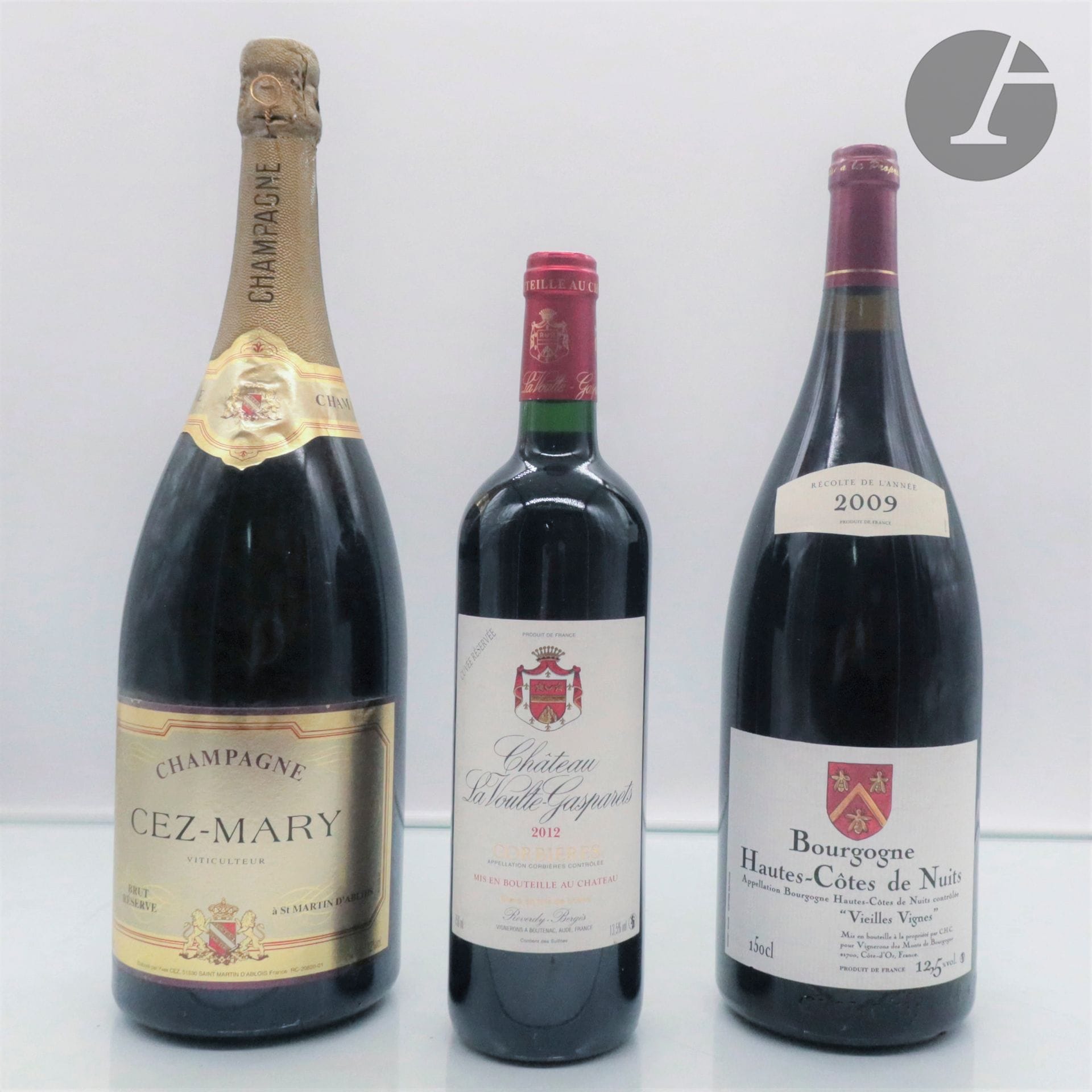1 Mag CHAMPAGNE BRUT RÉSERVE, Cez-Mary, NM1
Mag BOURGOGNE HAUTES CÔTES DE NUITS VIEILLES VIGNES, Vignerons Monts de Bourgogne, 20091
B CORBIÈRES CUVÉE RÉSERVÉE, Château la Voulte-Gasparets, 2012

