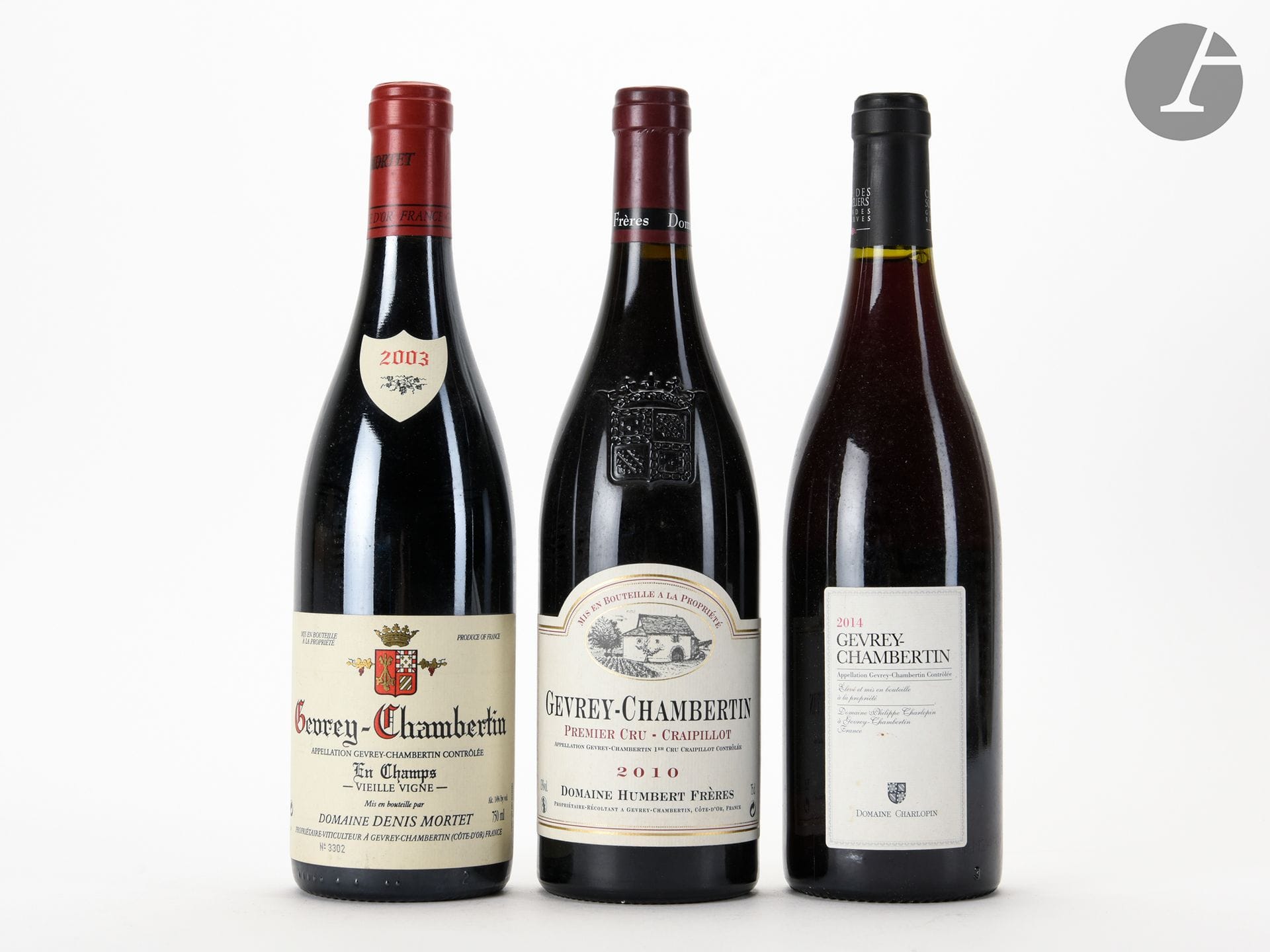 1 B GEVREY-CHAMBERTIN EN CHAMPS VIEILLE VIGNE, Domaine Denis Mortet, 2003
1 B GEVREY-CHAMBERTIN CRAIPPILOT (1er Cru), Domaine Humbert Frères, 2010
1 B GEVREY-CHAMBERTIN (e.l.s.), Domaine Philippe Charlopin, 2014