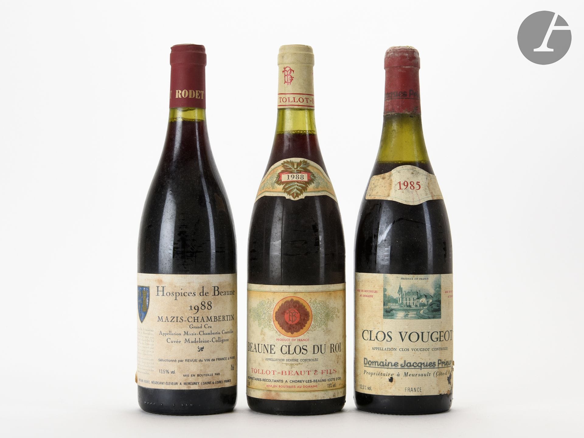 1 B CLOS VOUGEOT (Grand Cru) (3,8 cm; e.t.a; clm.s; c.c.), Domaine Jacques Prieur, 1985
1 B MAZIS-CHAMBERTIN HOSPICES DE BEAUNE CUVÉE MADELEINE-COLLIGNON (Grand Cru) (e.t.h.), Antonin Rodet, 1988
1 B BEAUNE CLOS DU ROI (1er Cru) (e.t.h; clm.s.), Domaine Tollot-Beaut, 1988