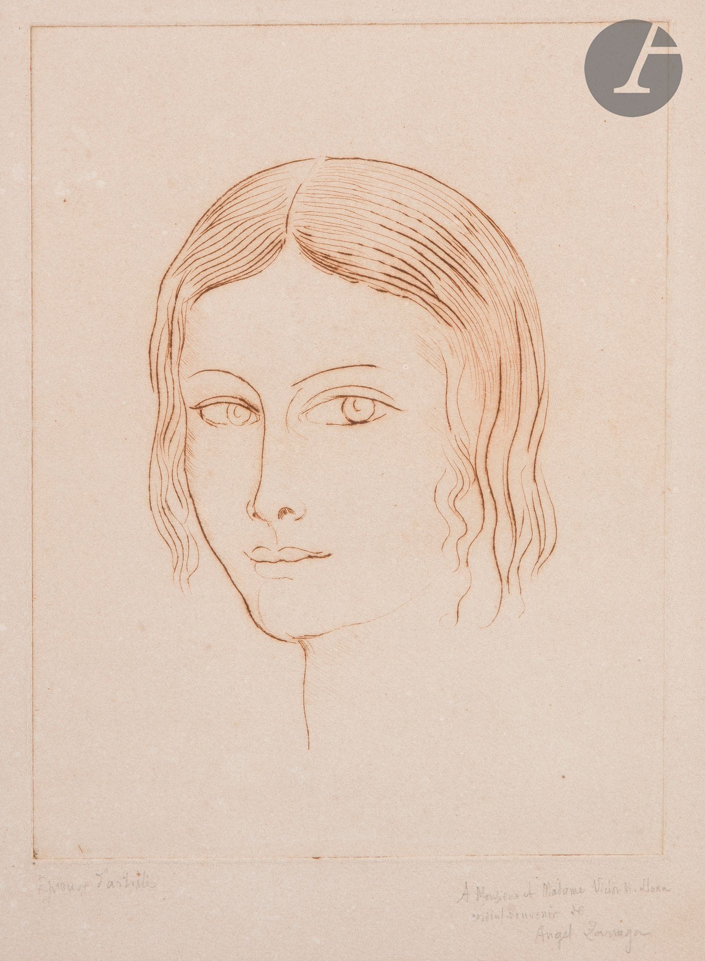 Angel Zárraga y Argüelles (mexicain, 1886-1946) 

Visage de jeune femme. Vers 1930. Eau-forte. 177 x 235 mm. Impression en sanguine. Belle épreuve sur vélin, justifiée au crayon " Epreuve d'artiste ", dédicacée et signée. Le feuillet oxydé. Rousseurs claires. Marges. Cadre.