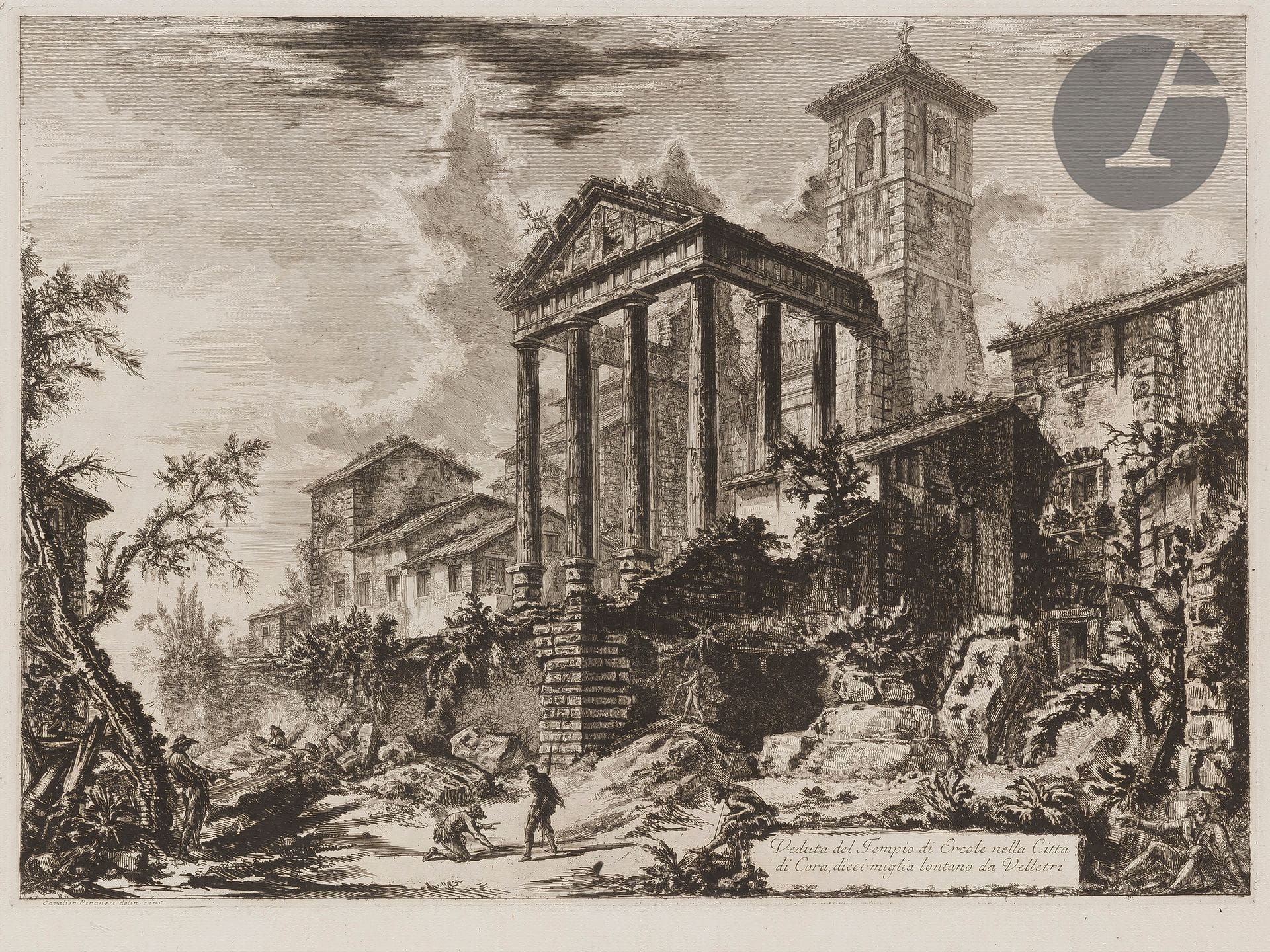 Giambattista Piranesi (1720-1778) 

Veduta del Tempio di Ercole nella Città di Cora... (Vue du temple dit d'Hercule dans la ville de Cori). 1769. Eau-forte et burin. 525 x 385 [758 x 535]. Hind 91 (ii/iv). Très belle épreuve sur vergé fort, avant le numéro 64. Numéro de folio 65 à la plume et à l'encre sépia dans l'angle supérieur droit. Pli vertical médian normal. Larges rousseurs claires en marge inférieure et supérieure. Bord gauche irrégulier, légèrement déchiqueté, avec petits trous d'onglets de reliure. Grandes marges. 1er tirage parisien.