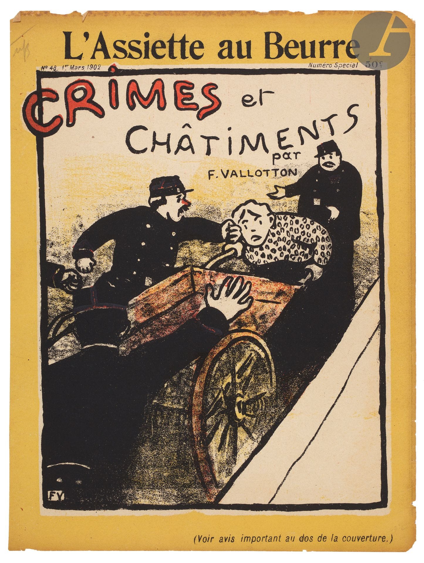 
*Félix Vallotton (1865-1925) 


Un lot : 1) Couverture pour Immortels, passés présents ou futurs. 1892. Lithographie. 176 x 262 mm, la feuille : 185 x 270 mm. Vallotton et Goerg 24. Belle épreuve sur vélin mince gris bleuté, coupée au-dessus du nom de l'imprimeur. Petites marges. 2) La Poursuite. (Page du catalogue Le Barc de Boutteville). 1893. Lithographie. 121 x 200 mm, la feuille : 152 x 240 mm. Vallotton et Goerg 43. Belle épreuve sur vélin mince chamois. Infime manque dans l'angle inférieur gauche. Petites fractures dans deux autres angles, sommairement restaurées au verso. Petit manque le long du bord droit. Toutes marges. Très rare. 3) Couverture pour L'Assiette au beurre, n° 48, 1er mars 1902. 1901. Lithographie. La feuille : 242 x 325 mm. Vallotton et Goerg 56. Impression en couleurs. Bonne épreuve sur vélin mince. Petits accidents, rousseurs et manques aux bords du feuillet. Restes d'anciens onglets de montage au bord gauche au verso. Toutes marges. Ens. 3 p.





Sur ce lot : frais additionnels de 5,5 % au titre de la taxe à l’importation temporaire.