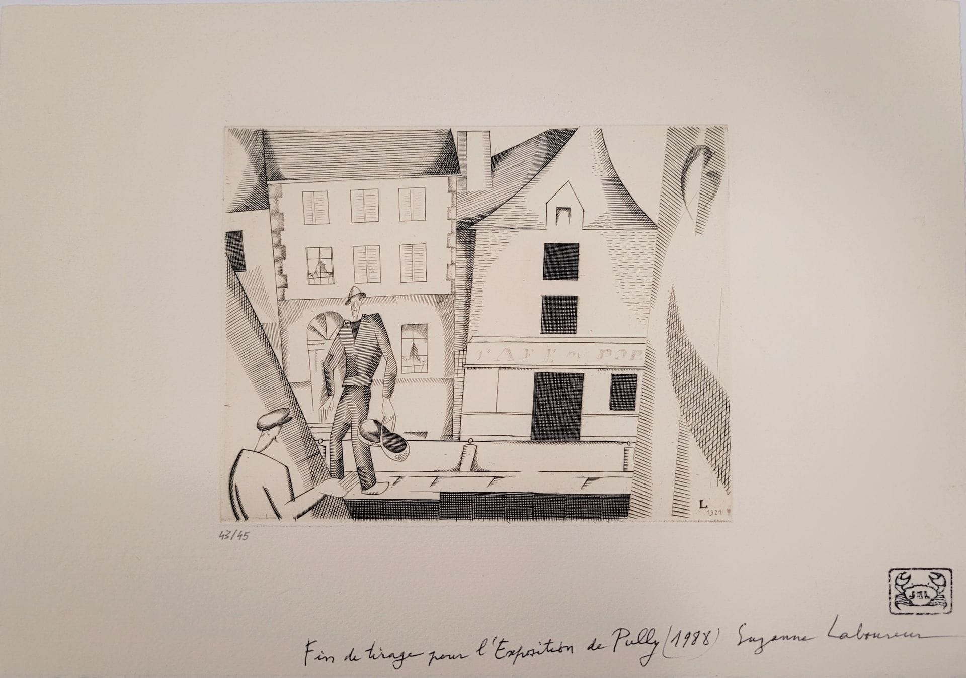 
*Jean-Emile Laboureur (1877-1943) 


Café du port. 1922. Burin. 155 x 120 mm. Laboureur 226. Très belle épreuve du tirage posthume à 45 épreuves, numérotée au crayon, revêtue du timbre au crabe, annotée et signée en pied au stylo-bille par la veuve de l'artiste : " Fin de tirage pour l'exposition de Pully (1988) Suzanne Laboureur ".



Sur ce lot : frais additionnels de 5,5 % au titre de la taxe à l’importation temporaire.