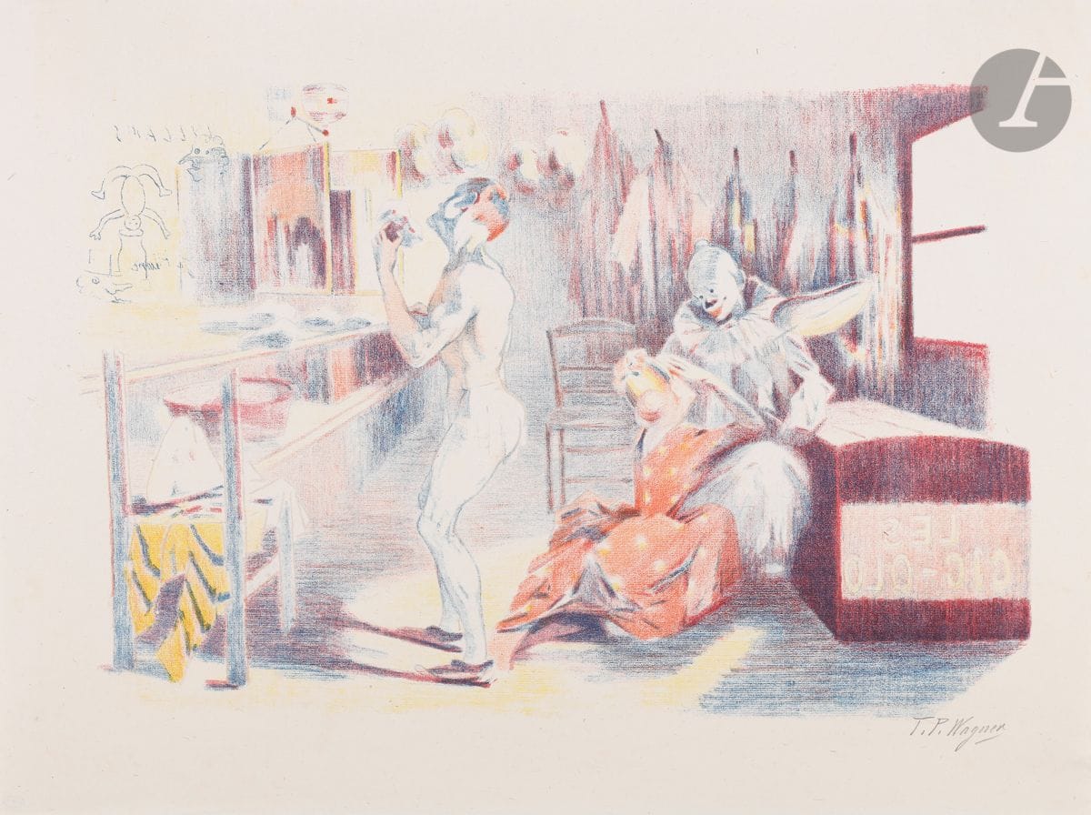 Theo P. Wagner (active around 1890-1900) 

The Clown Lodge. 1897. Lithograph. 95 x 330 mm. Johnson 158. Printed in colors. Very nice and fresh proof on chine volant, signed in pencil. All margins. Edition at 100 proofs for the Album of original prints of the Galerie Vollard. Ex-coll. H. M. Petiet (Lugt 5031).