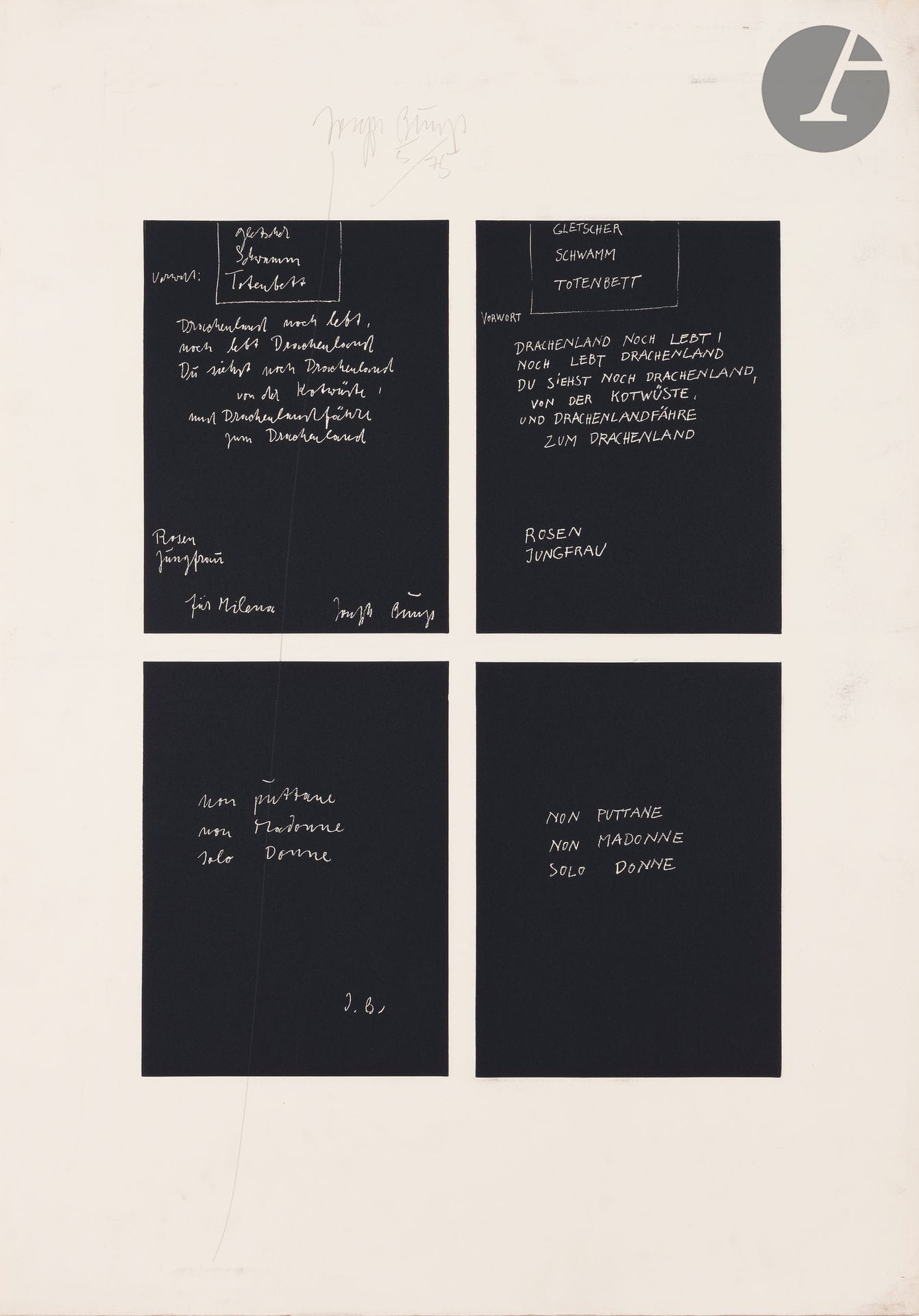 Joseph Beuys (German, 1921-1986) 

Gletscher Schwamm Totenbett (Glacier sponge deathbed). 1979. Rotogravure (white on black background). The sheet : 700 x 1000 mm. Good proof on strong white vellum, signed and numbered in pencil in the upper margin. Strong traces of handling folds, median horizontal fold and small soiling. All margins. Edition of 75 proofs.