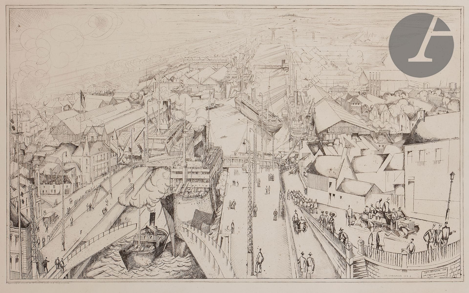Jean-Emile Laboureur (1877-1943) 

Vue panoramique du port de Saint-Nazaire. 1919. Eau-forte. 540 x 360 mm. Laboureur 188. Très belle épreuve sur vélin fort, de l'état définitif, le cartouche remplacé par un paysage, non signée. Toutes marges. Tirage à environ 20 épreuves.