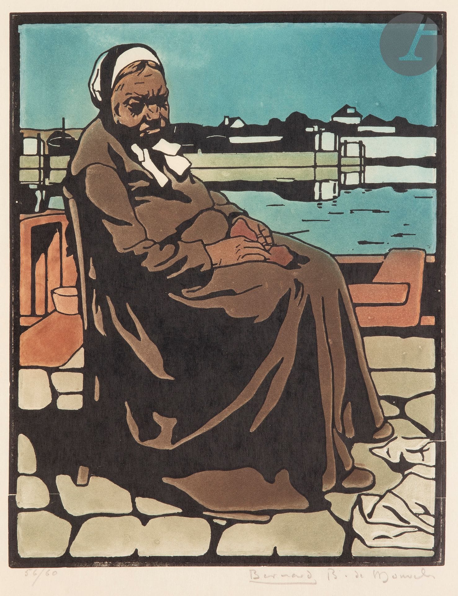 Bernard Boutet de Monvel (1881-1949) 

La Femme de l'éclusier. 1904. Bois gravé. 242 x 305 mm. Impression en couleurs. Très belle épreuve sur vélin mince ivoire, numérotée et signée au crayon. Toutes marges. Tirage à 60 épreuves. Timbre de l'éditeur Ch. Hessèle (Lugt 554) et son prix de vente au composteur au verso.