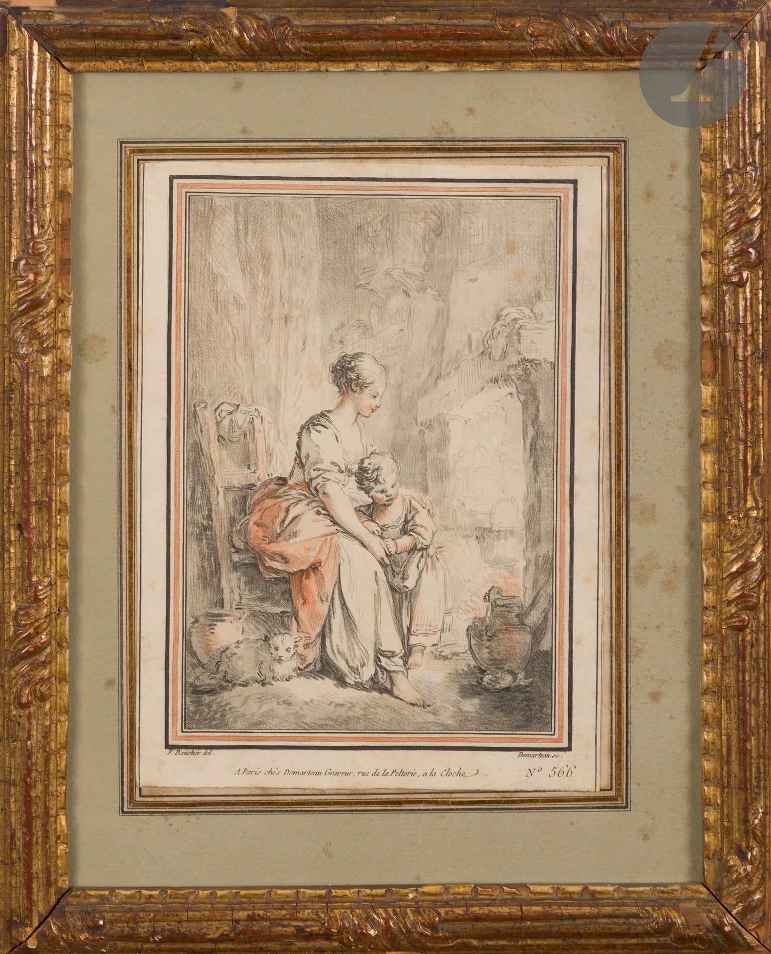 Gilles Demarteau (1722-1776) 

Woman and her child. Engraving in pencil manner after Boucher. 155 x 207 mm. I.F.F. 566, printed in two tones (black and sanguine). Beautiful proof on laid paper, slightly oxidized, trimmed outside the framing nets. Louis XVI stick, beam decoration (recut).