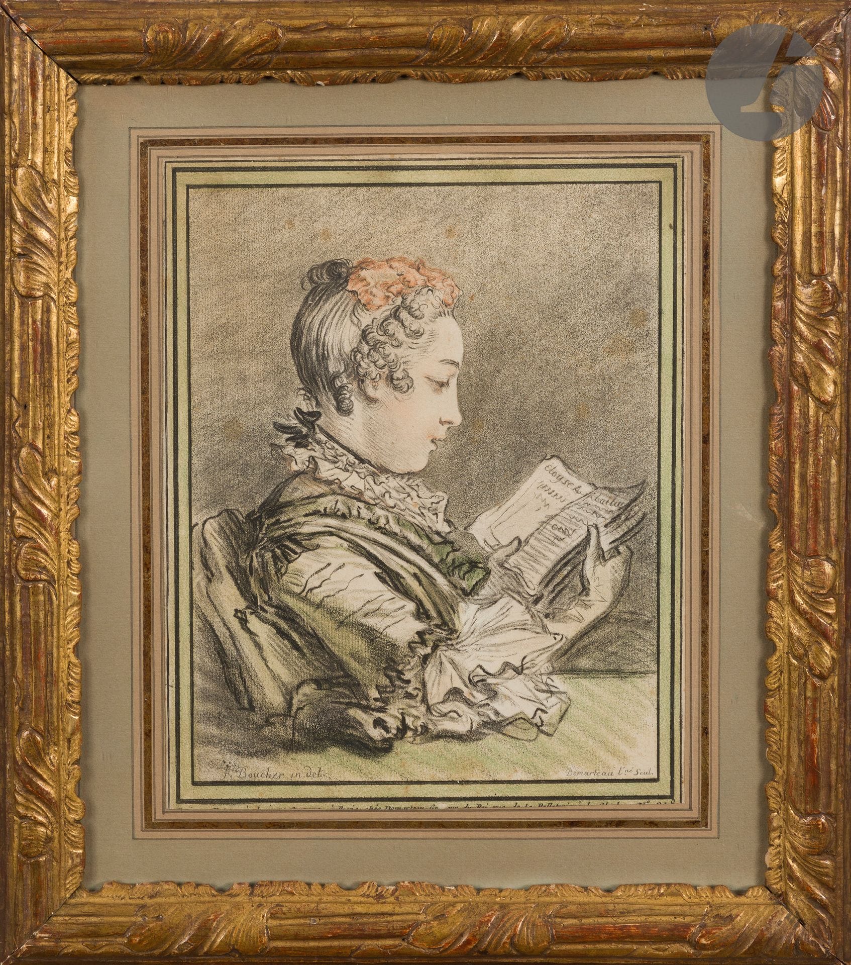 Gilles Demarteau (1722-1776) 

Woman reading "Eloyse". About 1770. Engraving in pencil manner after Boucher. 170 x 217 mm. I.F.F. 218. Printed in colors (black, green and sanguine). Proof on laid paper, slightly oxidized, trimmed outside the framing lines and above the shelf (of which the 1st line remains perceptible but notched). Louis XVI stick, decorated with beams (recut).