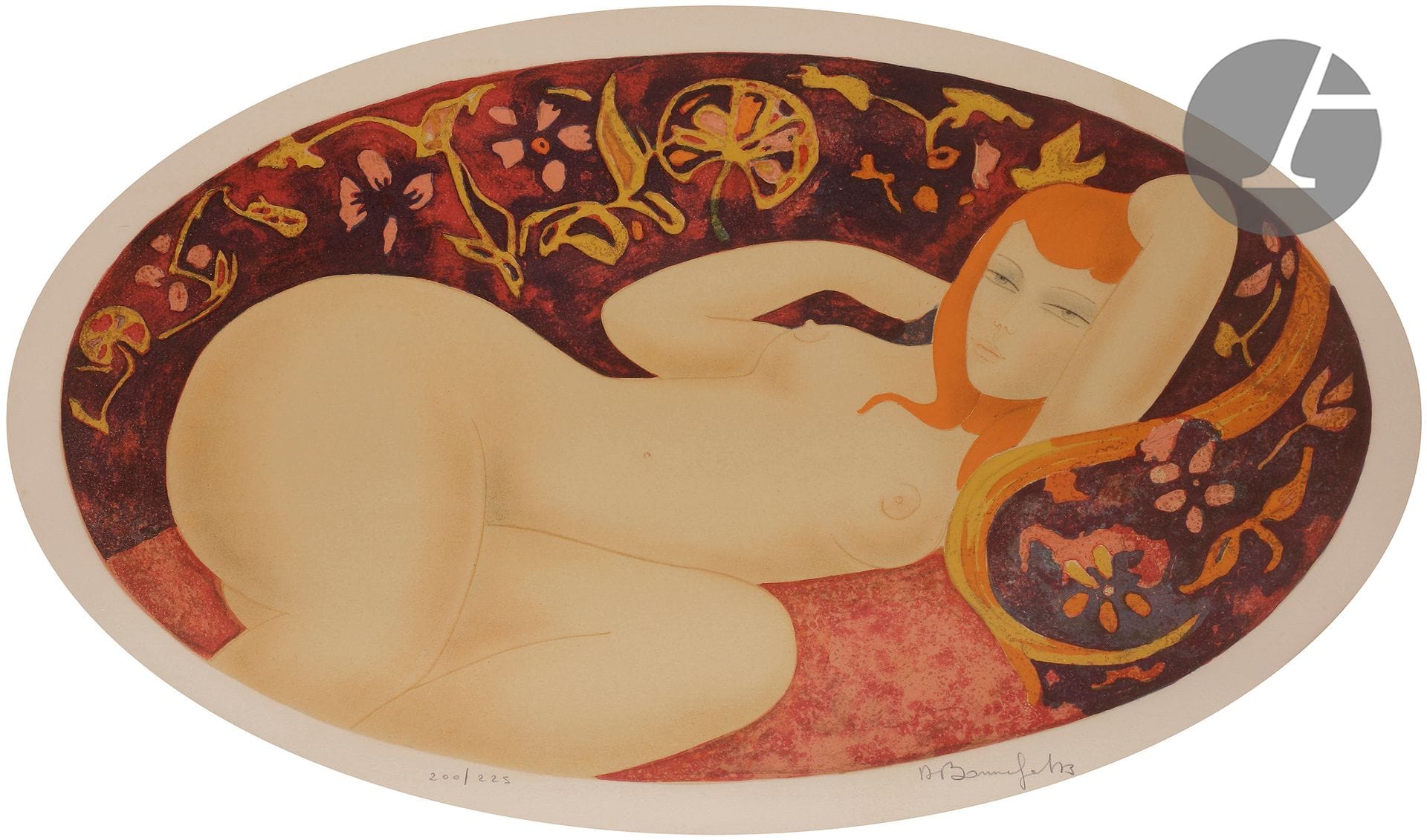 Alain Bonnefoit (born in 1937) 

Young nude woman lying down. 1973 or 1983. Lithograph. 635 x 370 mm. Printed in colors. Nice proof on vellum, numbered, signed and dated in pencil. Slight trace of insolation. Margins. Edition at 225 proofs. Framed.