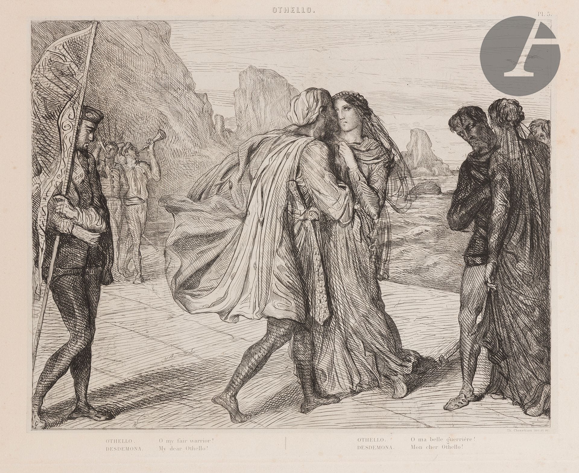 Théodore Chassériau (1819-1856) 

O my beautiful warrior... (Othello, pl. 5). 1844. Etching. 400 x 310 mm. Fisher 10. Nice proof of the first edition on short chine. Slight foxing and traces of oxidation. All margins.